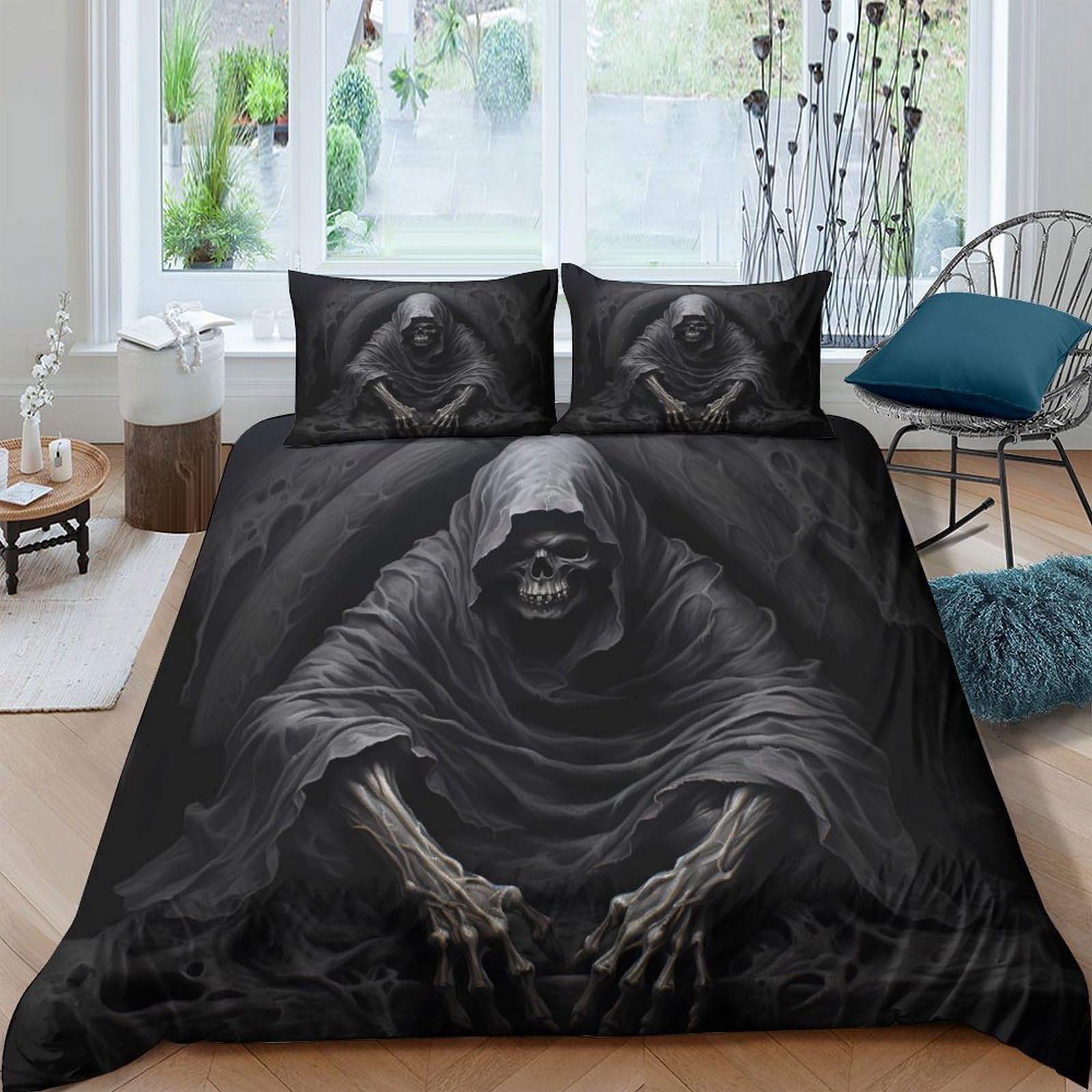 Ctjqhvkz Style-1 3D Printed Grim Reaper Fitted Sheet Microfiber Black Skeleton Bed Cover For Bedroom Guest Room Decor Protection Single（135X200cm）