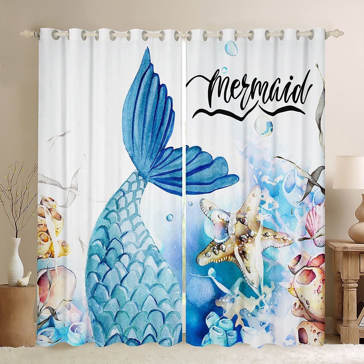 Kids Mermaid Window Curtains for Bedroom Living Room Ocean Starfish Coral Girly Cartoon Window Drapess Boys Dreamy Fish Scales Window Treatments Fantasy Sealife Colorful W52*L90 โ image 1