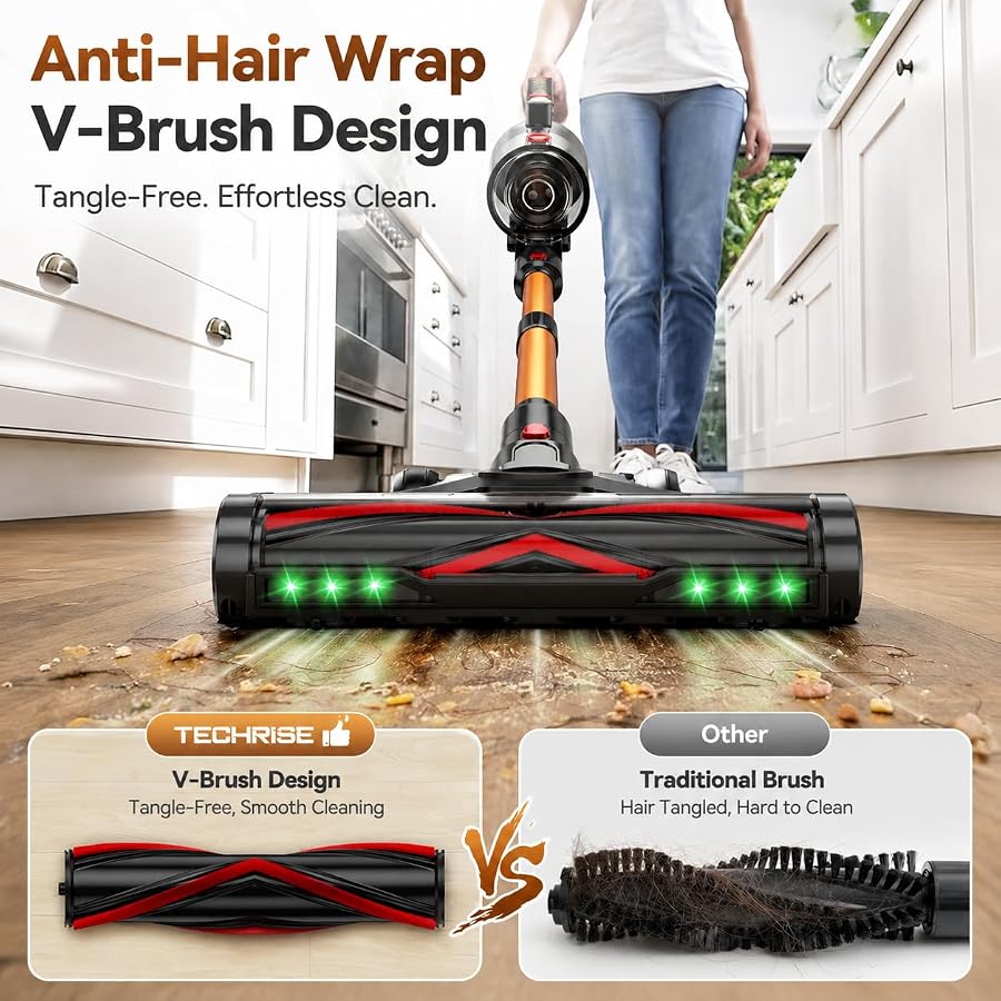 TechRise Cordless Vacuum Cleaner 650W 55KPa 70-Mins with LED Headlight | Anti-Tangle Brush,Smart Display,8-in-1 Filtration,3-Way Charging,Lightweight Handheld Vacuum for Pet Hair,Carpet,Hard Floors, image 4