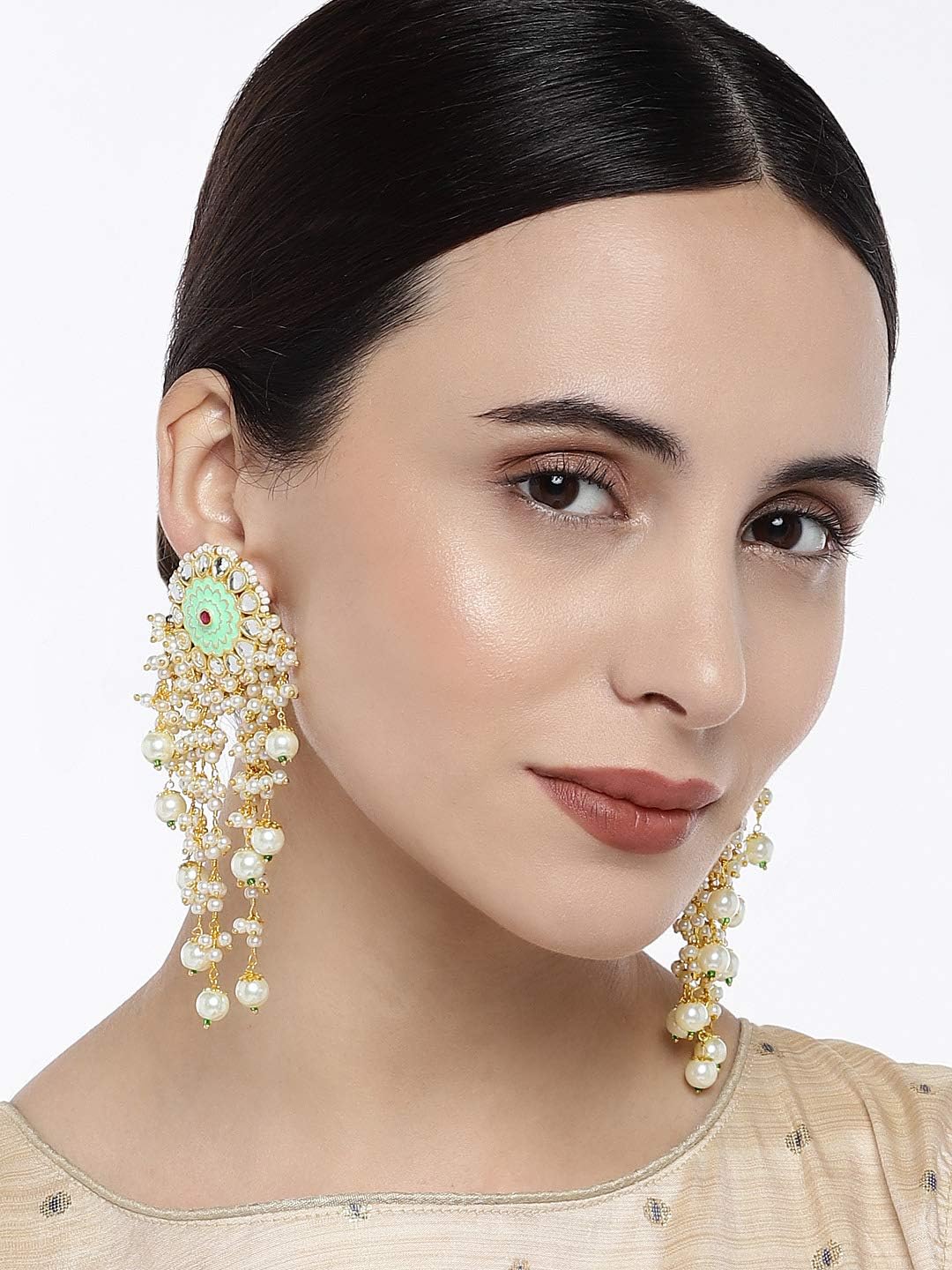 Aheli Classy Wedding Faux Stone Enamel Drop Tassel Earrings Indian Ethnic Fashion Bollywood Party Jewelry Gift for Women