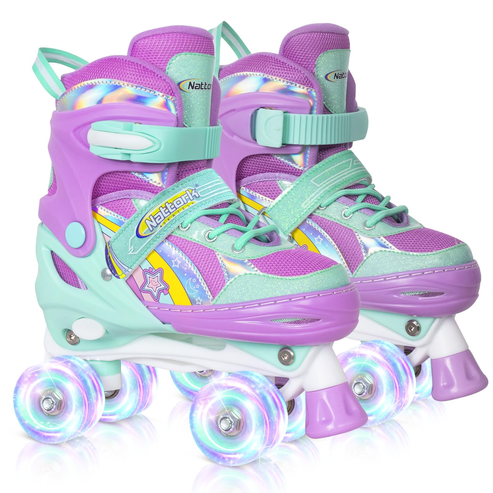 Nattork Kids Roller Skates for Girls, 4 Size Adjustable Rainbow Quad Skates with All Light Up Wheels - Best Birthday Gift for Outdoor Sports