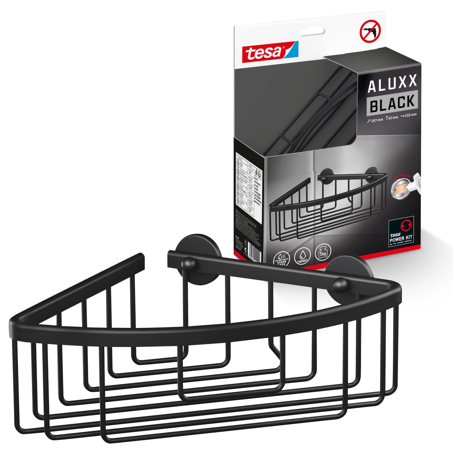 tesa ALUXX BLACK Eck-Duschablage zur Wandmontage ohne Bohren, schwarz matt - einstöckig - für Bäder im Industrial Style und moderne Badezimmer - mit Klebelösung - 192 mm x 92 mm x 200 mm