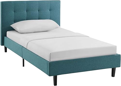 Modway Linnea - Cama de plataforma tapizada color verde azulado con soporte de listones de madera