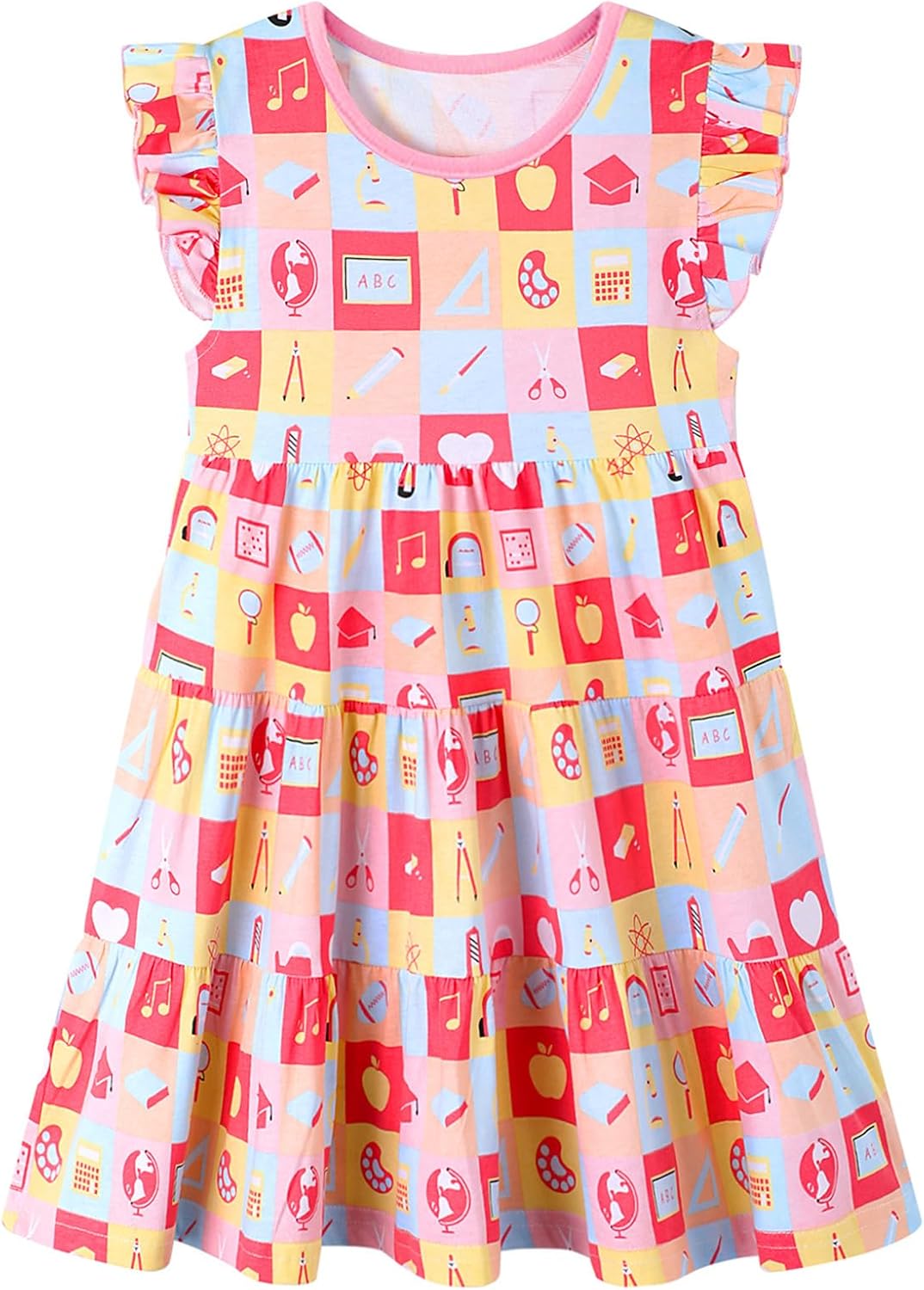 HILEELANG Girls Cotton Tiered Dress Flutter Ruffle Sleeve Summer Swing Sundress Birthday Party Casual Outfit Colorblock 2–12Y image 3