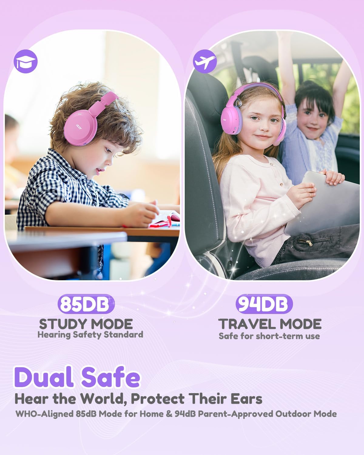 acer Kids Bluetooth Headphones, 85/94dB Volume Limiter, Foldable Wireless Over-Ear Headphones for iPad, Travel, 60H Playtime, Bluetooth 6.0, Built-in Mic, Pink, OHR668