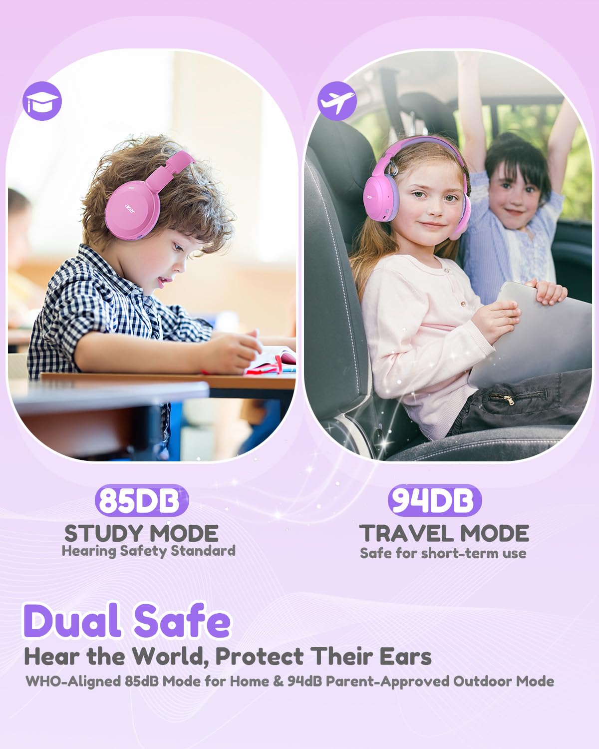Acer Cuffie Bluetooth per Bambini, Volume Limitato a 85/94 dB(Rosa)