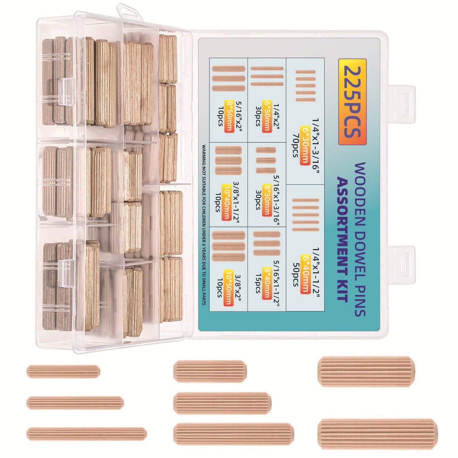 Rgybao 225Pcs Wooden Dowel Pin 1 / 4Inch 5 / 16Inch 3 / 8Inch Fluted Rod Dried Beveled Hardwood Craft Woodworking Accessories Hardwood Grooved Pins