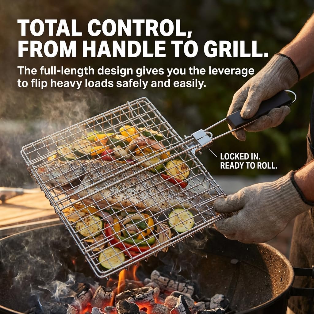 Grill Basket for Outdoor Grill - Heavy Duty Carbon Steel Fish Vegetable Grilling Baskets - Portable BBQ Accessories with Detachable Handle - Large 1.1 Inch Deep Net for Steak & Shrimp