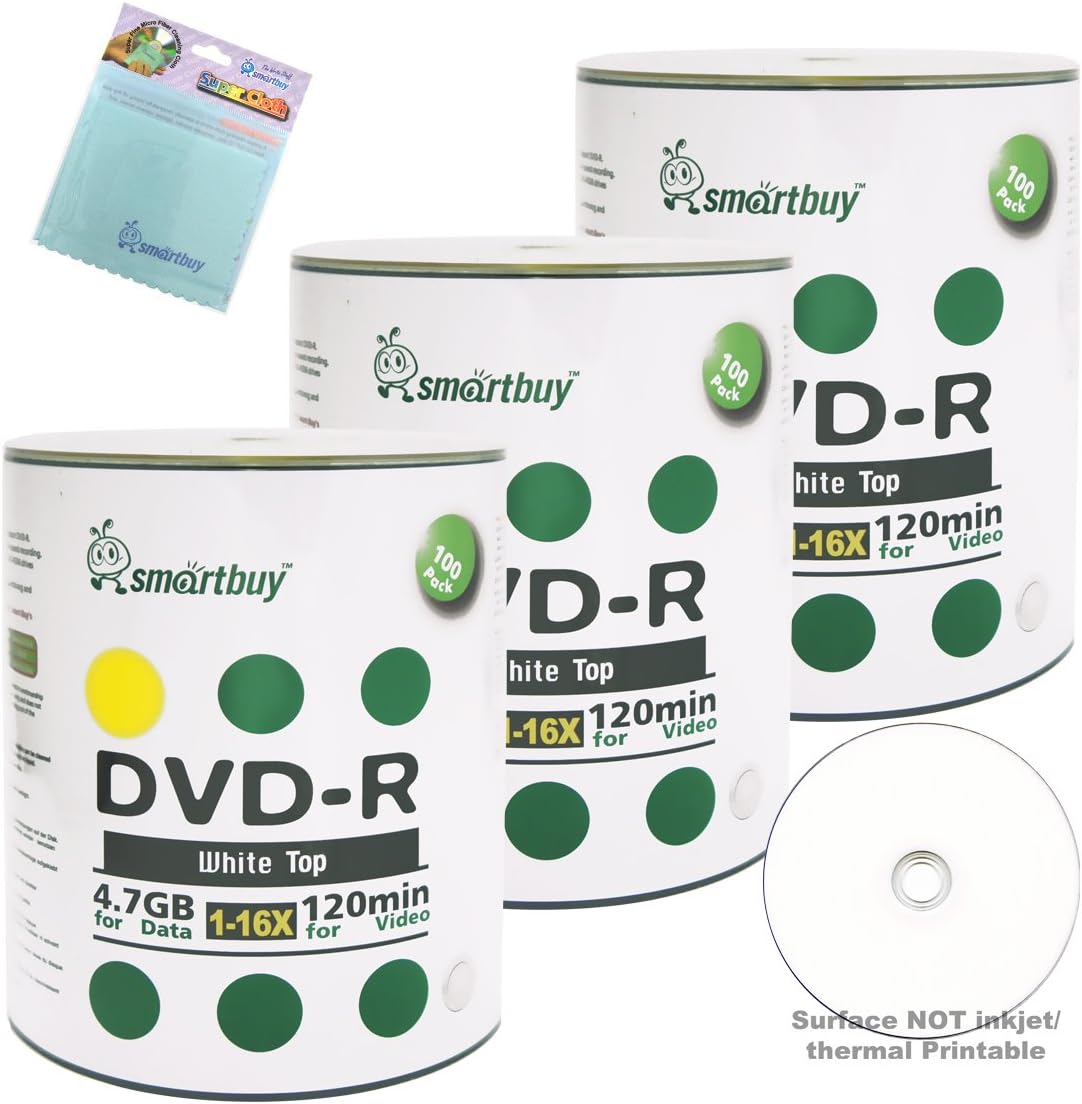 Smartbuy 300-disc 4.7GB/120min 16x DVD-R White Top Blank Media Record Disc + Free Micro Fiber Cloth