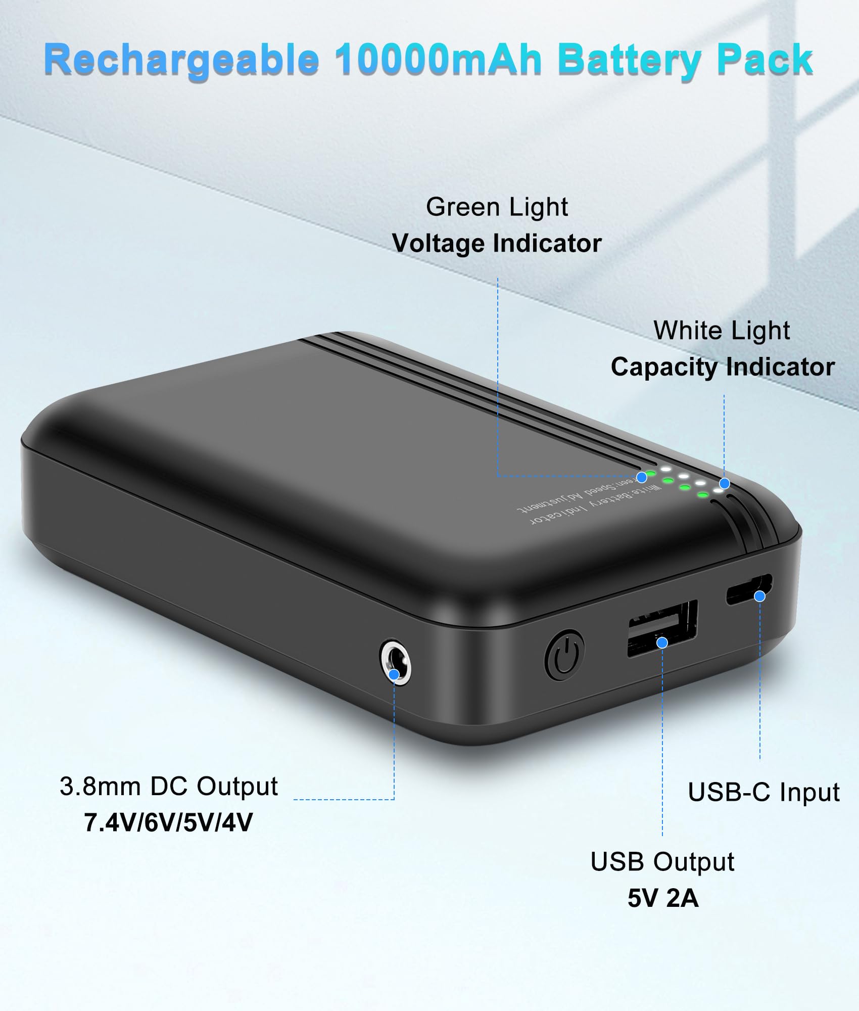 Batterie externe 10 000 mAh pour gilet thermique, batterie portable avec sortie USB 7,4 V CC et 5 V pour gilets chauffants et gilets de ventilation, 4 niveaux de vent réglables