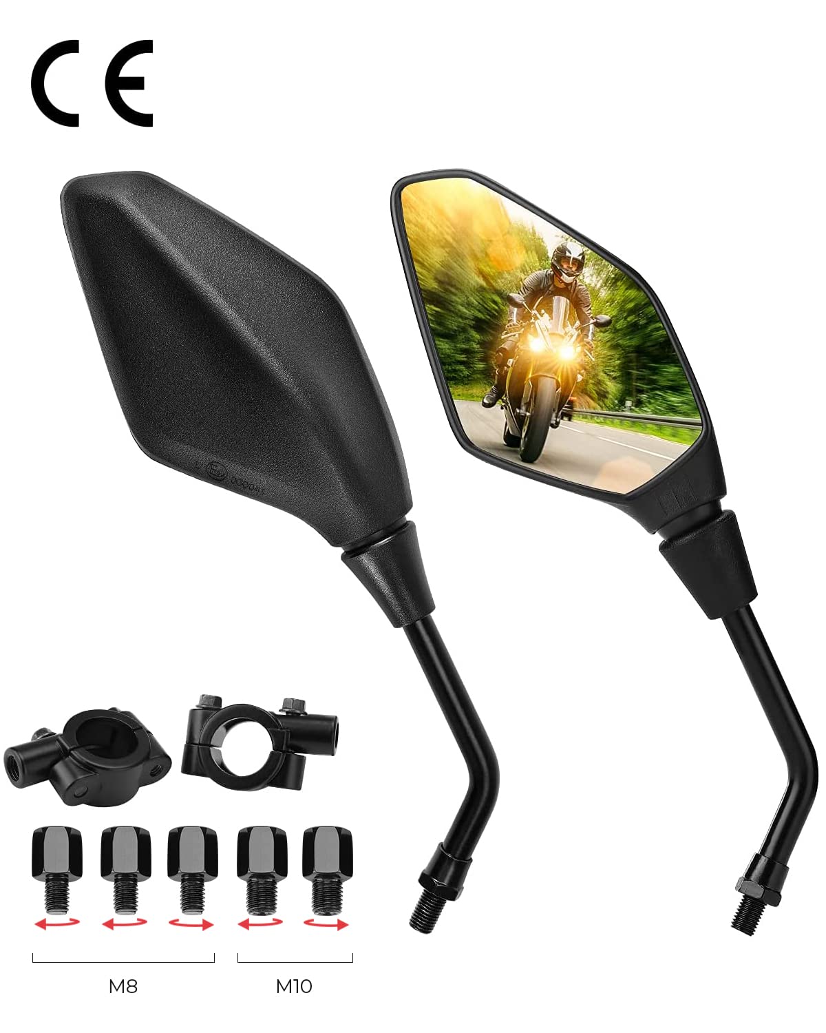 ISSYZONE Motorcycle Mirror Universal Motorcycle Rearview Mirror E mark Backside Mirror Side Mirror with 8mm/10mm Bolts and 22mm Clamps