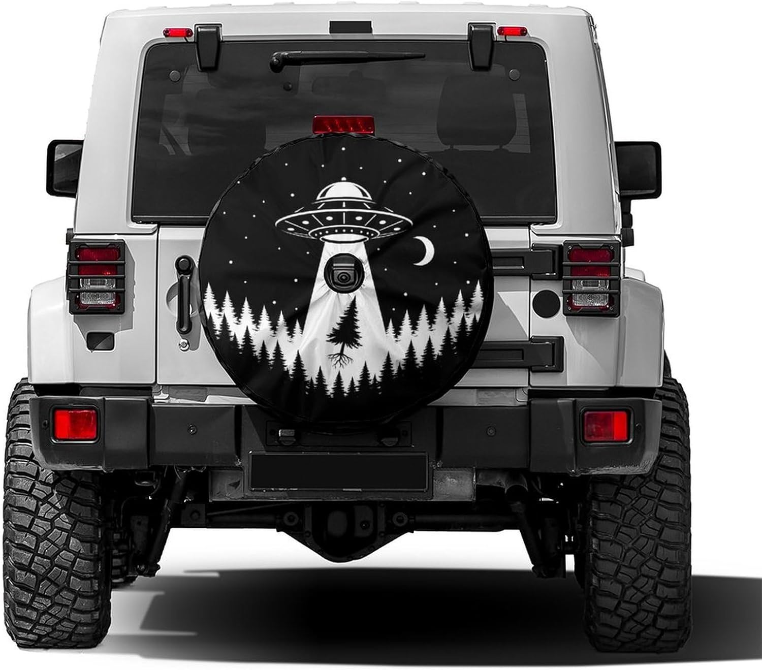 Retro Alien UFO Silhouette Pine Tree Spare Tire Cover with Backup Camera Hole Wheel Tire Cover Fit Trailer, RV, SUV and Many Vehicle 17inch