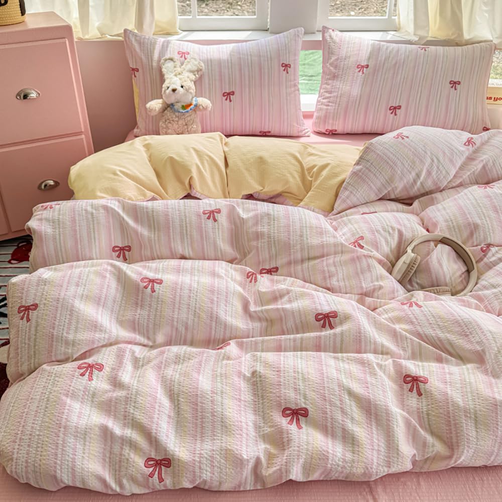 Covebett Pink Bows Duvet Cover Single Pink Striped Bowknot Print Reversible Bedding Set Girls Bow Tie Cute Washed Microfiber Comforter Cover 135x200 cm with Zipper Closure and 1 Pillowcase 50x75 cm โ image 1
