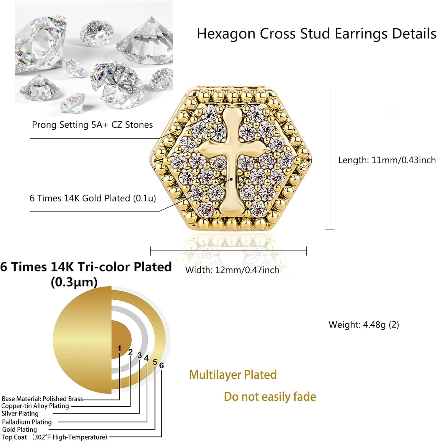 TOPGRILLZ Cross Square Stud Earrings 14K Gold Silver 5A+ Cubic Zirconia Iced Out Sparkle hypoallergenic Cartilage 925 Sterling Silver Square Flat Stud Cross Earrings For Men Women - Image 2