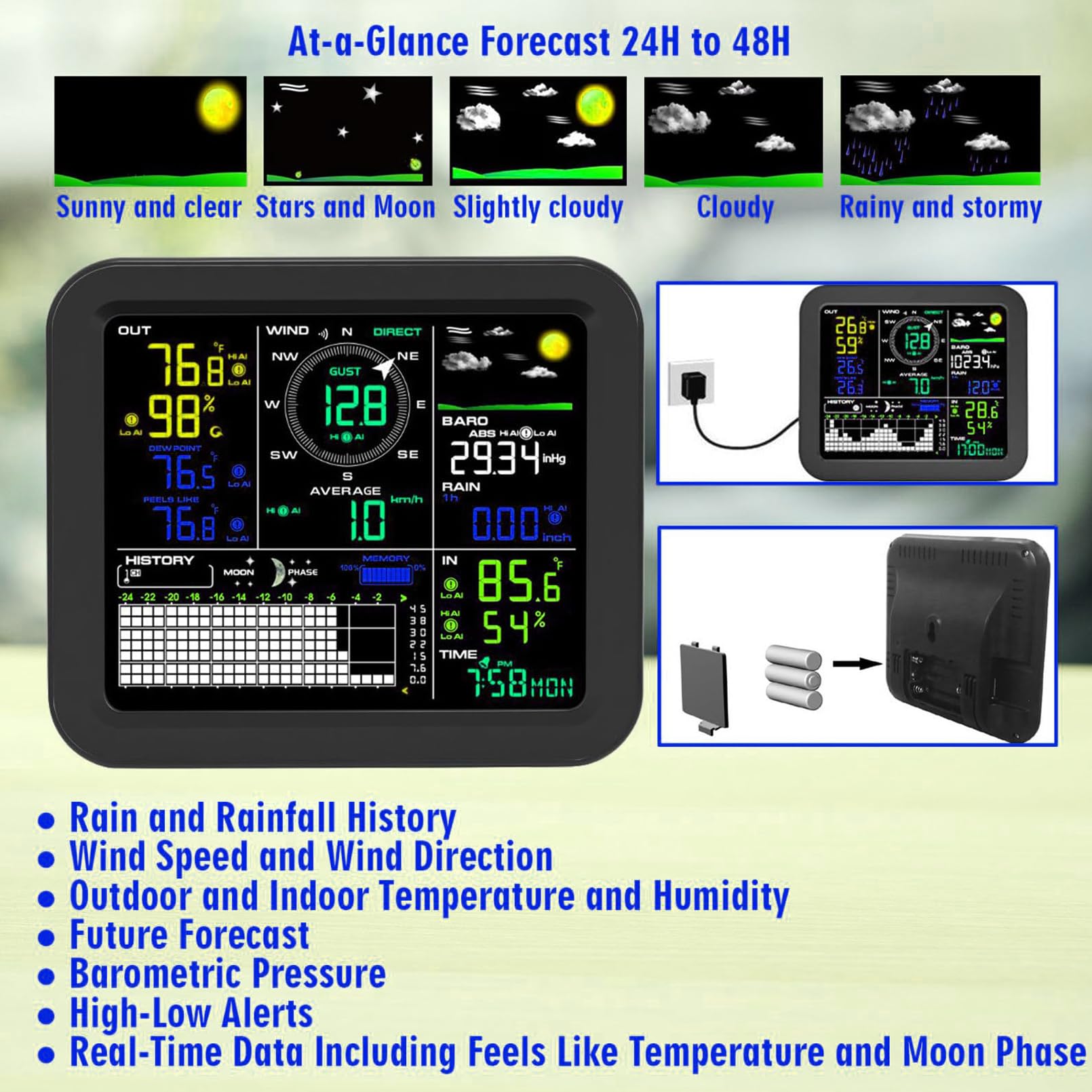 Stazione Meteorologica Professionale 5 In 1, 5 Misurazioni Velocità del Vento, Direzione del Vento, Temperatura, Umidità, Precipitazioni Display Digitale a Colori Led Sensore Meteorologico Wireless