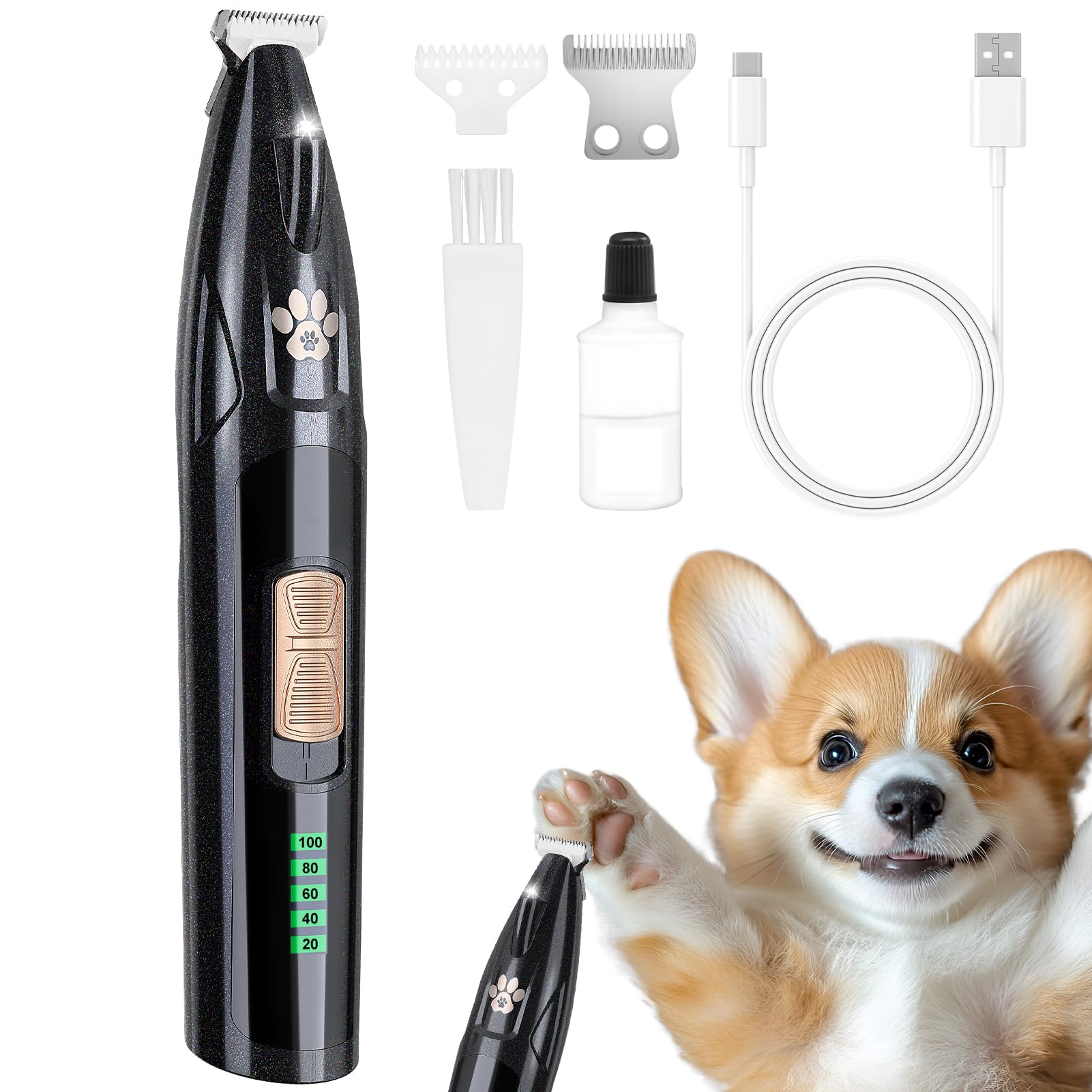 Pfotentrimmer für Hunde mit LED-Beleuchtung, Leiser Betrieb, Akku-Anzeige & Type-C-Ladung – Pfotenpad-Trimmer für Hunde, Dog Clipper for Dogs, Cats, Paws, Eyes, Ears, Face, Body