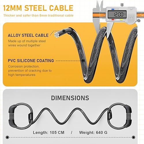 Miniatura 4 de Candado eléctrico para scooter, cerradura de bicicleta, bloqueo de cable con combinación de 5 dígitos, doble bloqueo de cable antirrobo de 41