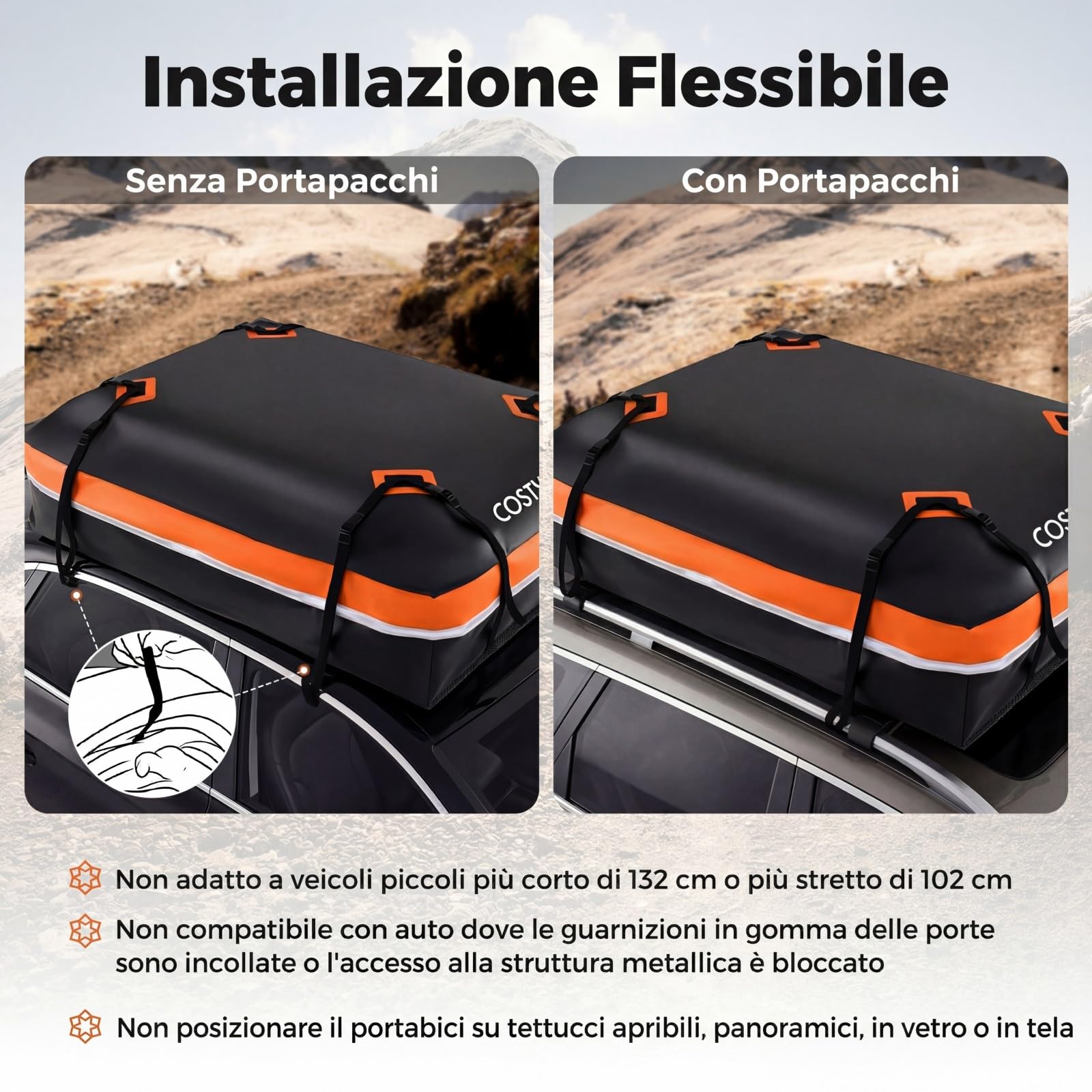 COSTWAY Borsa da Tetto per Auto, Box Portapacchi con Impermeabile e Alta Adattabilità, Baule con Tappetino Antiscivolo, Striscie Riflettenti, Lucchetto e 8 Corde di Fissaggio (600 L,Arancione)