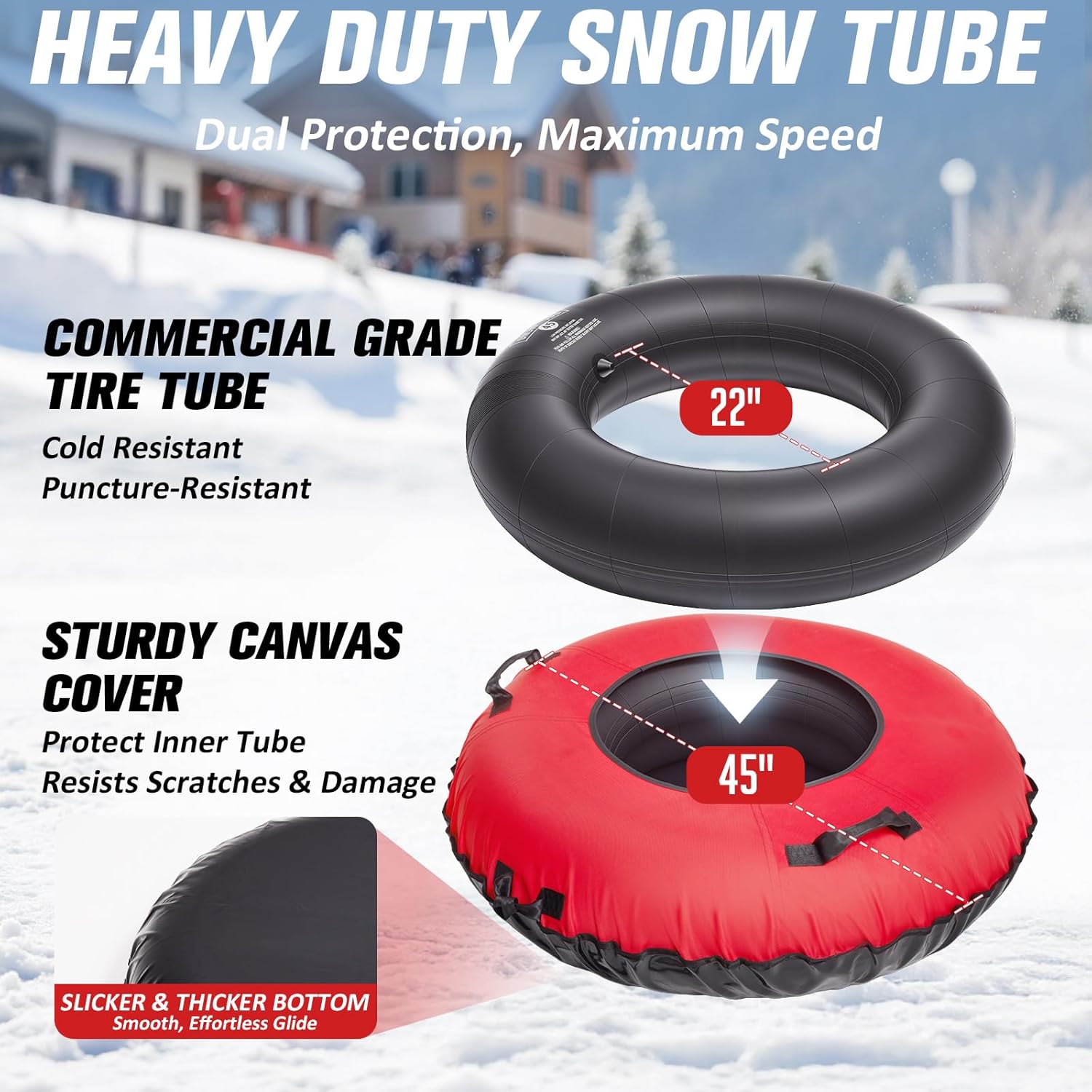 Snow Tube, 45''/48'' Rubber Snow Tubes with Commercial Grade Canvas Cover for Kids & Adults, Inflatable Heavy Duty Snow Sled Thickened Hard Bottom with Tow Strap, Sleds Winter Gifts
