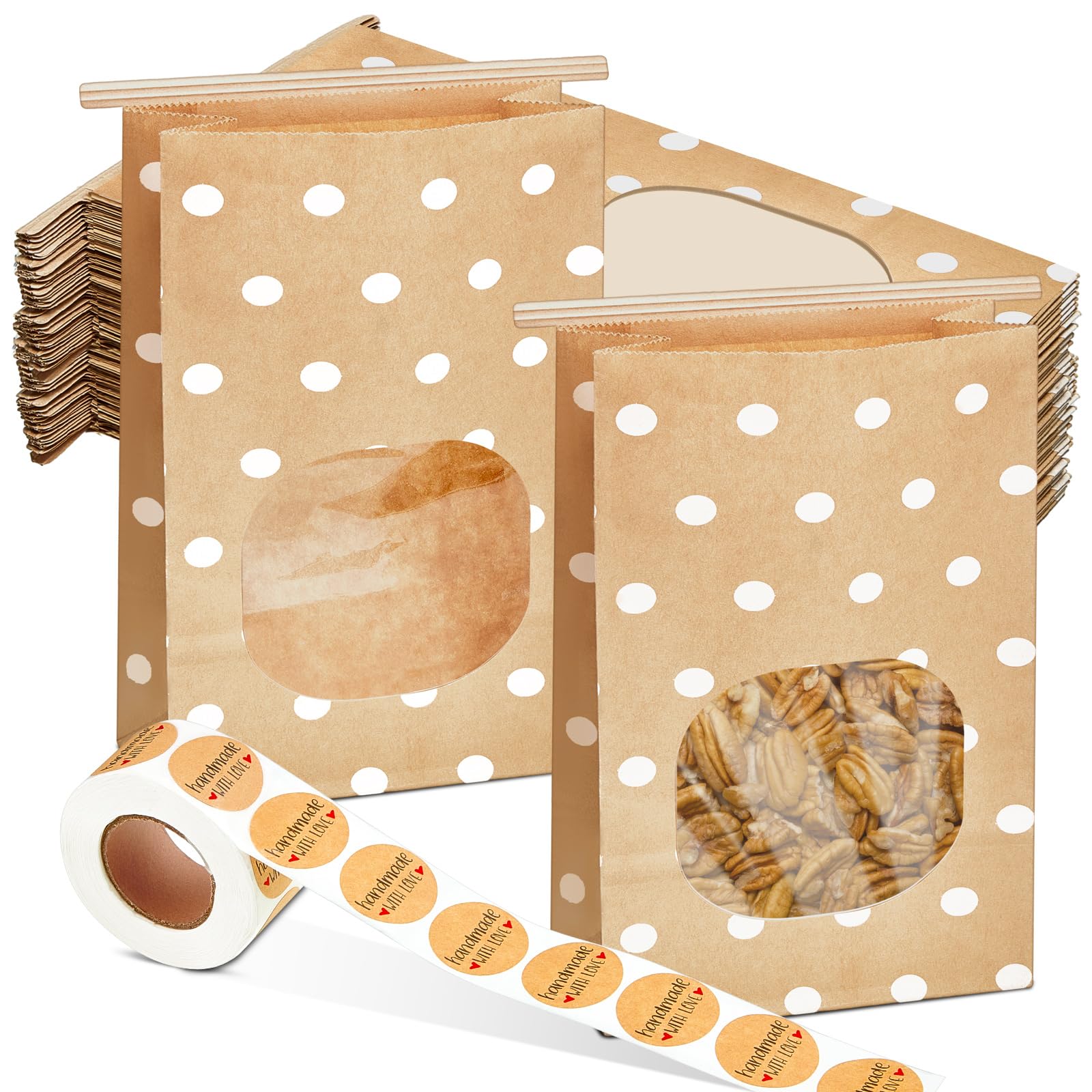 Chuangdi 200 Pieces 4.5 x 2.36 x 9.6 Inch Bakery Bags with Window Brown Paper Cookie Treat Bags Tin Tie Tab Lock with 500 Pcs Handmade Love Sticker