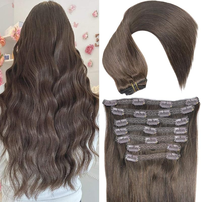 Extensiones de cabello humano real Remy con clip de encaje de 16 pulgadas Finsih a 16.5 pulgadas 3.53 oz 7 piezas Color #2 Marrón oscuro Doble trama Extremos gruesos Sedoso Suave Larga vida útil Extensiones de cabello humano sin enredos