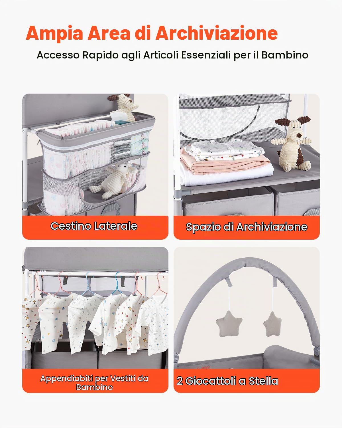 VEVOR Fasciatoio Pieghevole con 2 Cassetti in Tessuto, Cestino Laterale e Asta Appendiabiti, Fasciatoio Portatile Regolabile in Altezza con Ruote Bloccabili e 2 Giocattoli, Grigio Chiaro