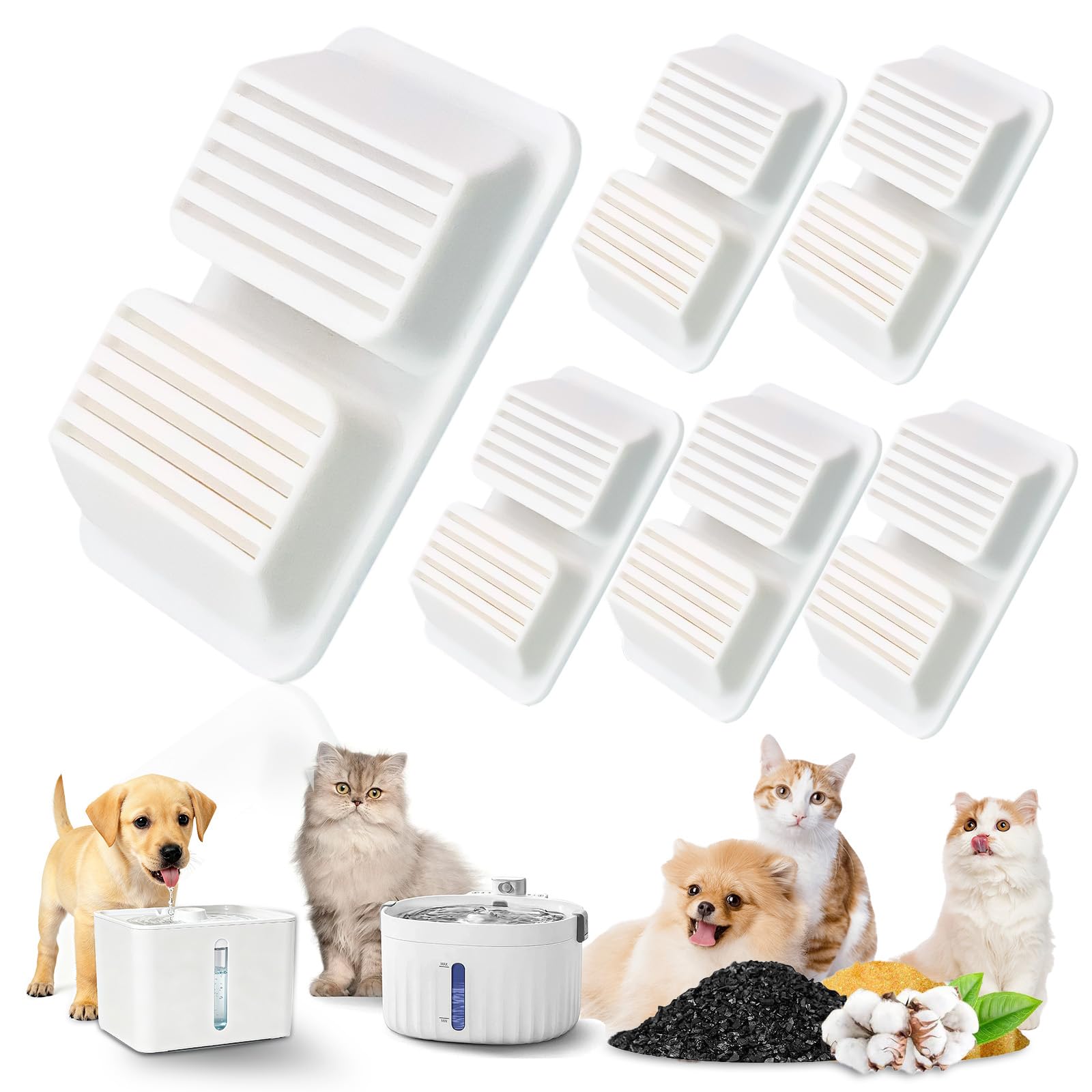 Zatixbu 6-Pack Cat Water Fountain Filters Replacement, Triple Action Cat Fountain Filters with Activated Carbon & Ion Exchange Resin, Easy to Assemble Pet Drinking Dispenser Filter for Clean Water