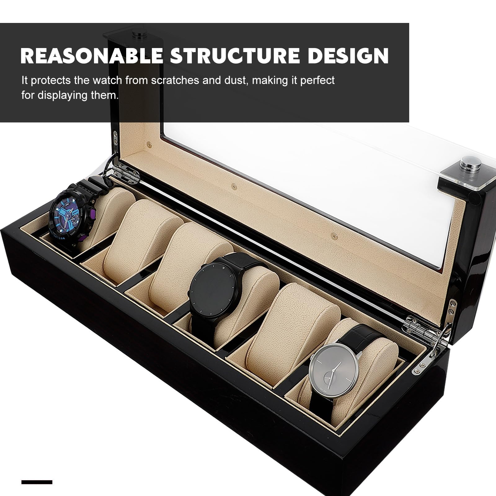 TEHAUX Elegante Uhrenbox aus Schwarzem Holz mit Durchdachtem Stauraum und Transparenter Acrylabdeckung für Stilvolle Uhrenaufbewahrung Zuhause oder Unterwegs