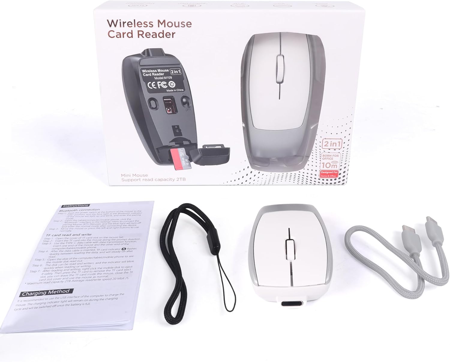 Mini Wireless Bluetooth Mouse, with Card Reader (Up to 2TB) Portable Small Silent Rechargeable Optical Travel Thin Finger Mice 3 Levels DPI for PC/Smartphone/Laptop/Tablet Student Kids Gift（Silver）