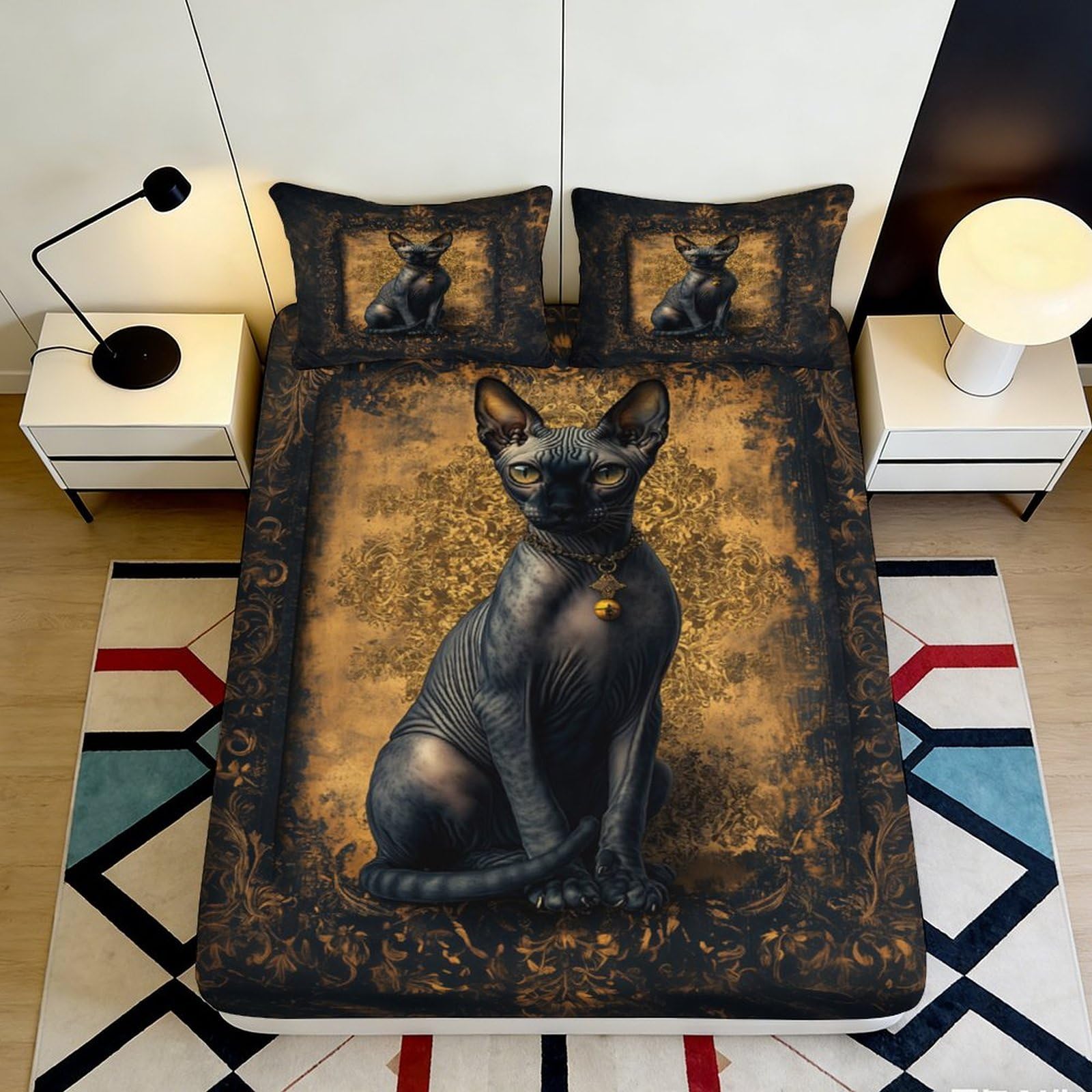 Pnayamiorkfel Style-5 3D Printed Sphynx Cat Art Fitted Sheet Microfiber Soft Black Gold Gothic Bed Cover For Bedroom Guest Room Decor 90X200x25cm