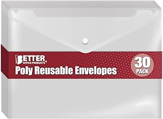 Better Office Products Clear Reusable Plastic Envelopes with Snap Closure, Plastic Document Holders, 13" x 9" XL Size for Letter Paper, 30 Pack, Poly File Envelopes, Clear, 30 Pack