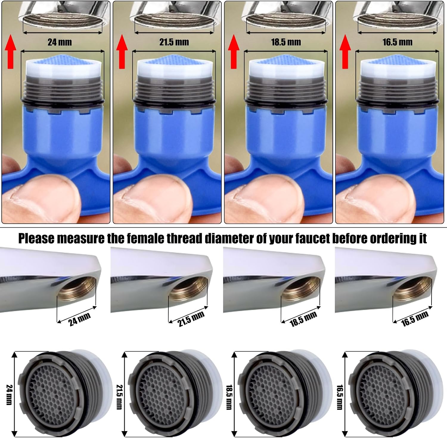 12 Pieces Faucet Aerators with Faucet Aerator Removal Tool Water Saving Flow Restrictor Set Replacement Part for Bathroom or Kitchen,4 Size(M16.5 18.5 21.5 24 mm)