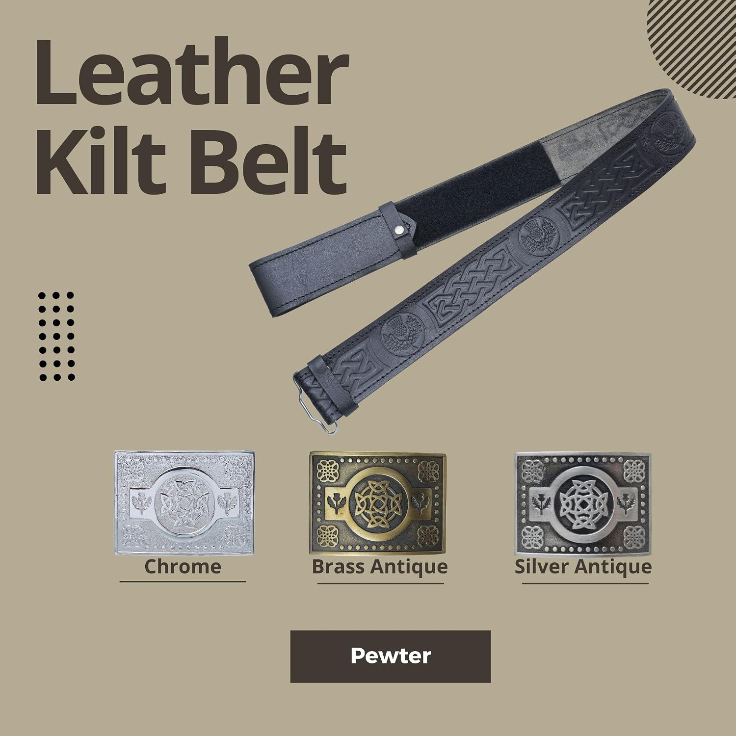 Kilt Belt and Buckle Set, Scottish Thistle Embossed Belt with Antique Celtic Trinity Buckles Pewter - Kilt Belts for Men