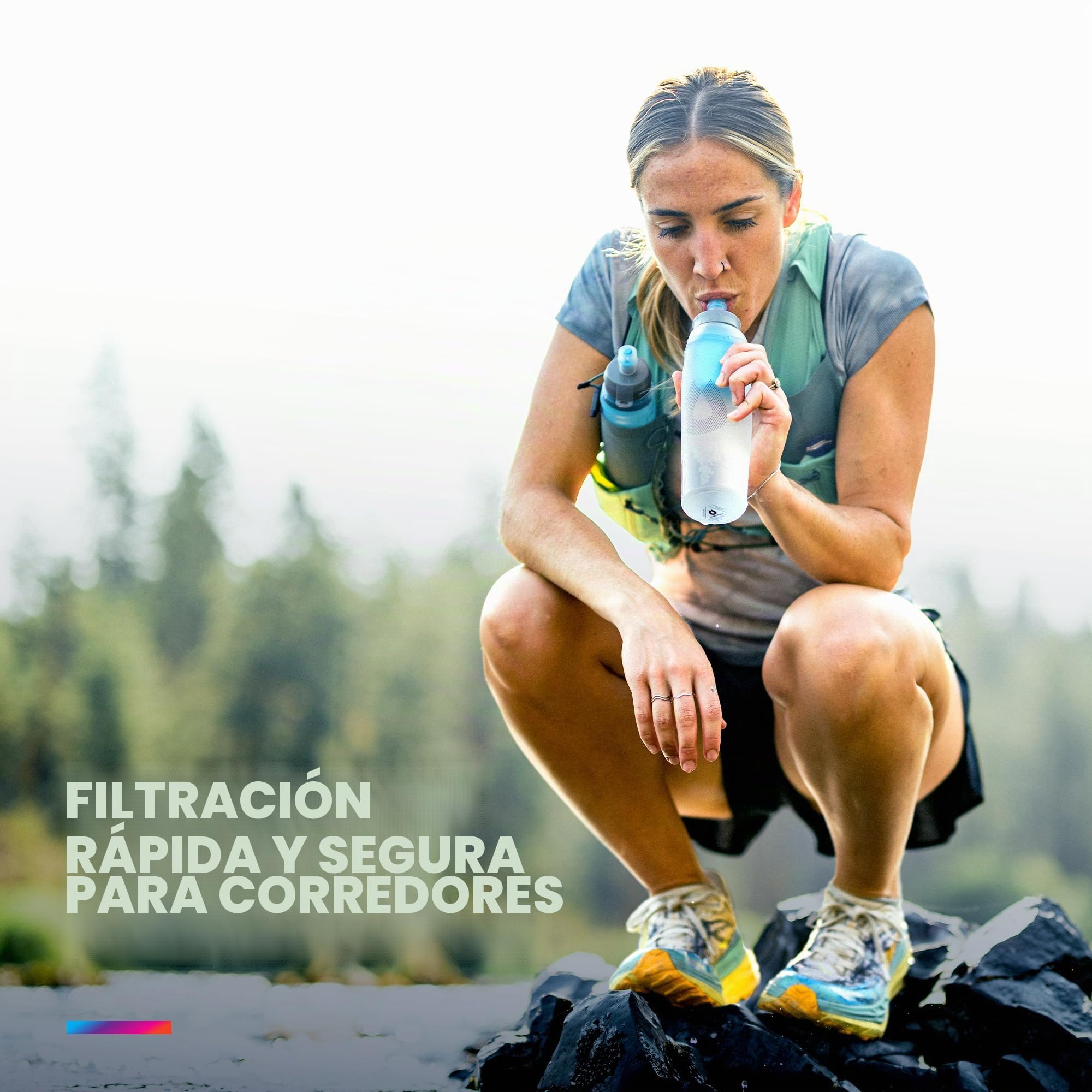 HydraPak UltraFlask+ - Botella de agua comprimible y filtrada de 500 ml para chalecos de hidratación y paquetes de correr con filtro de agua integrado (500 ml)