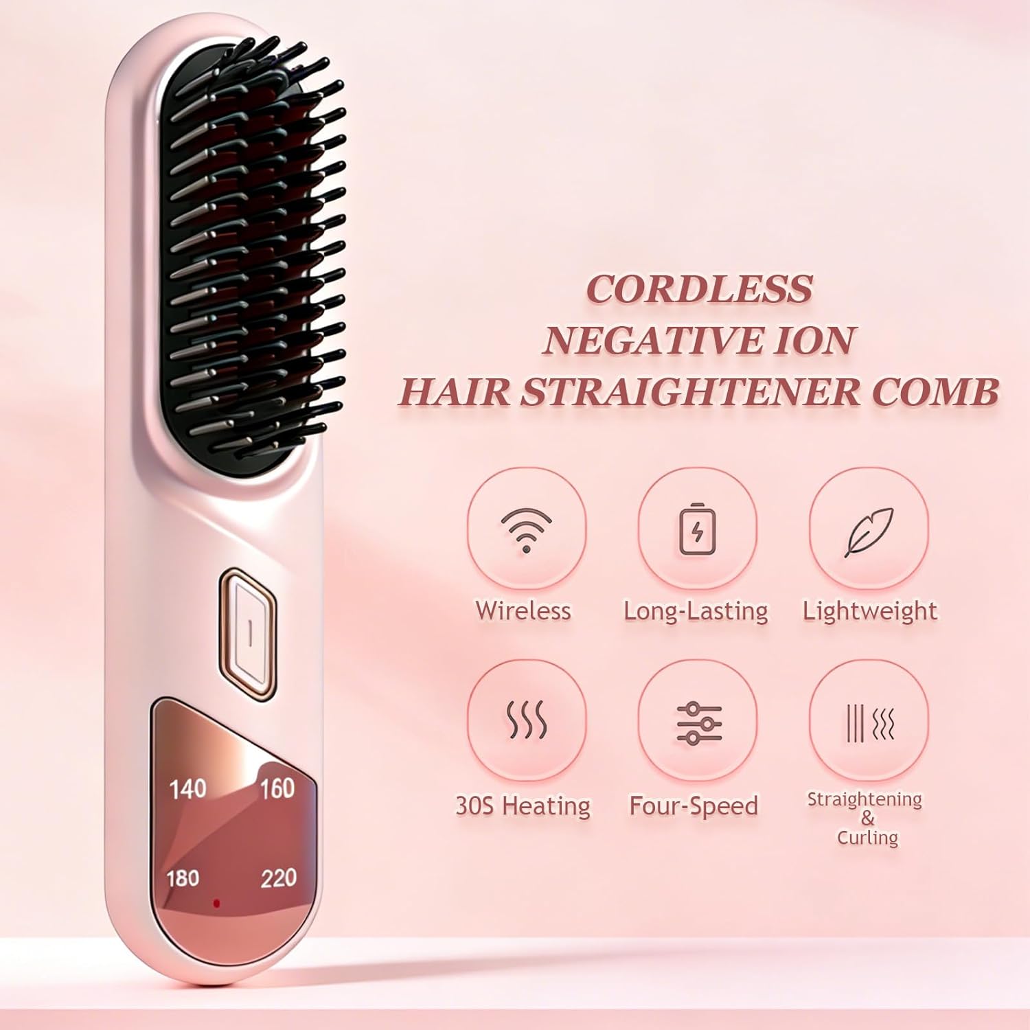 Go Brush Pro Portable Hair Straightener Brush, Cordless Negative Ion Hair Straightener Comb, 4 Temps Fast Heating, MCH Ceramic Coating, Multi-Functional Brush for All Hair Types (Purple)