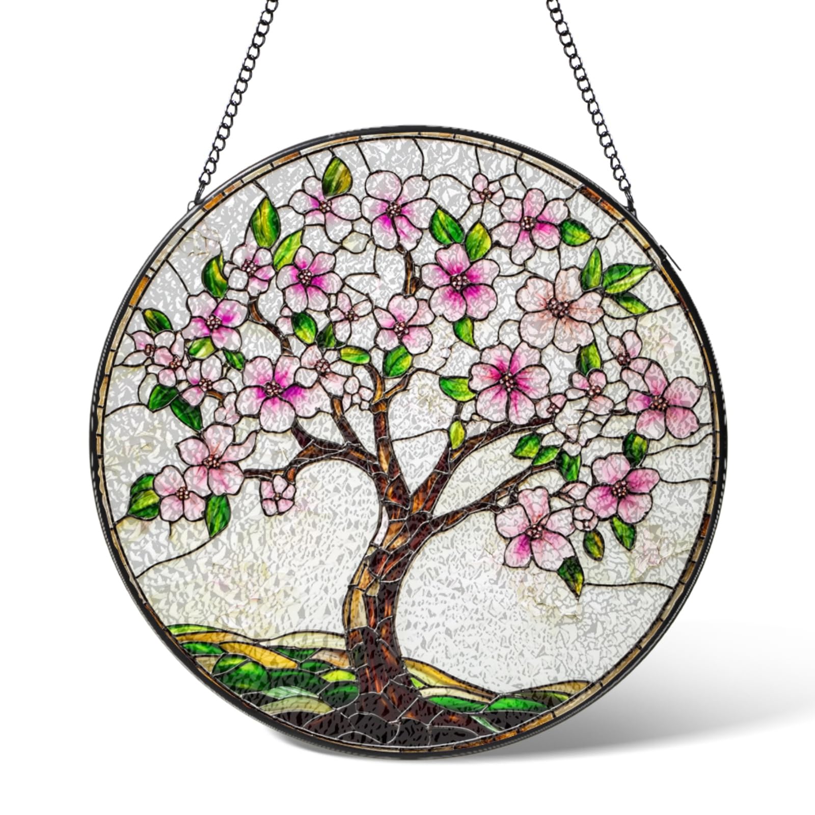 Cherry Blossoms Suncatchers Stained Glass Window Hanging,Flowers Suncatcher Garden Decor Birthday Gifts,Florals Sun Catcher Home Decoration for Bedroom Kitchen Patio,Wedding Housewarming Gift 5.9 IN