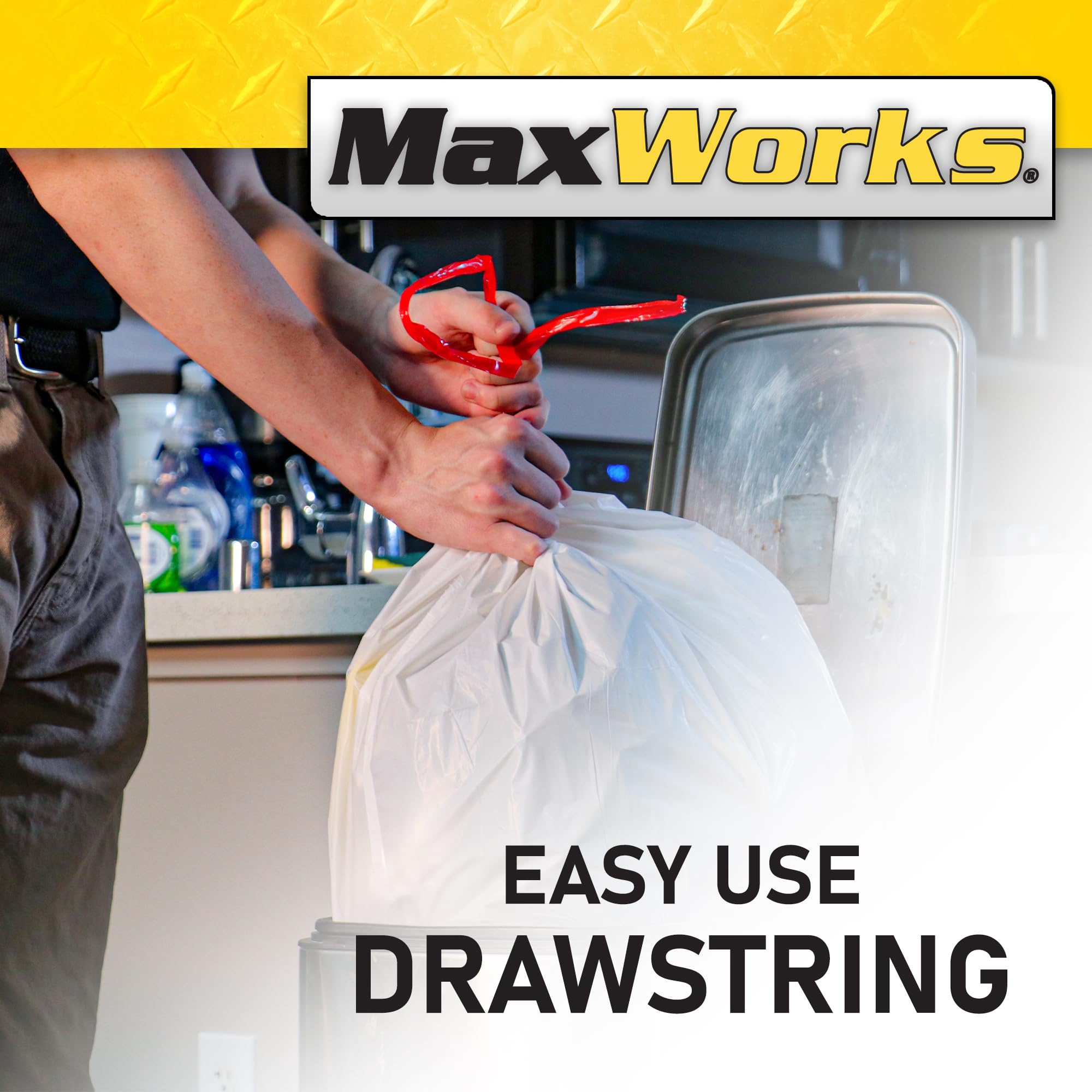 MaxWorks 51040 - Bolsa de basura de 13 galones, paquete de 80 unidades con correa, material de polietileno, grosor de 0.9 mil, tamaño 25 x 24 pulgadas, para fiestas en el hogar, reuniones, limpieza,
