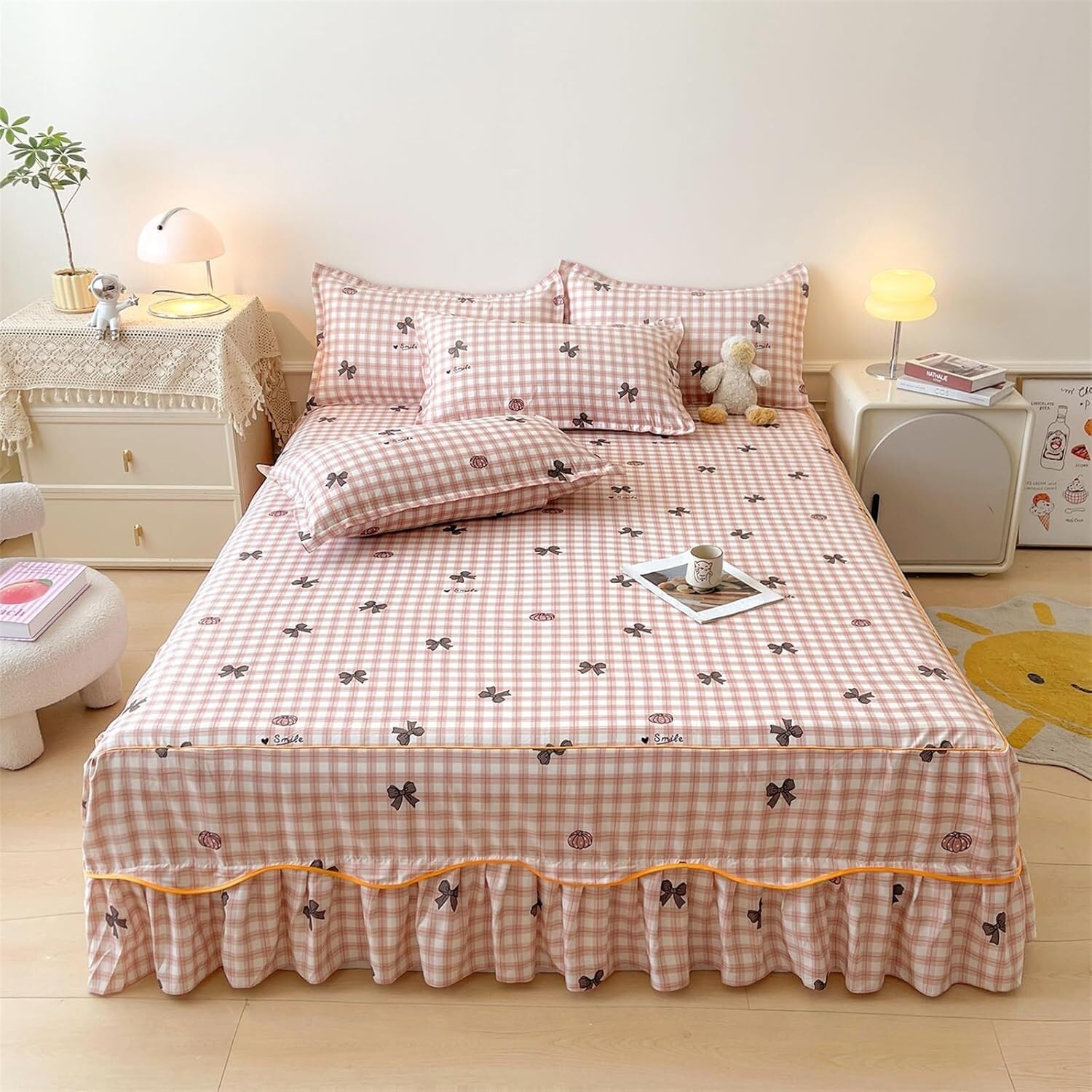 Drap-housse floral rose 180x220cm avec jupe de lit à volants romantique