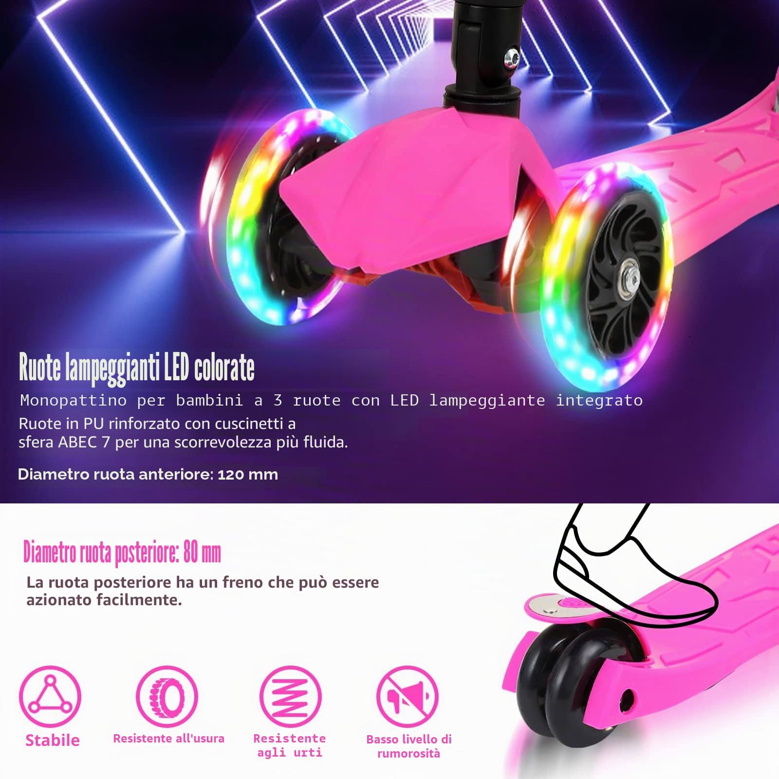 Fiqops Monopattino per bambini da 3 a 12 anni, scooter per bambini con 4 altezze regolabili, ruote luminose a LED per bambini, pieghevole, facile da guidare, freni posteriori
