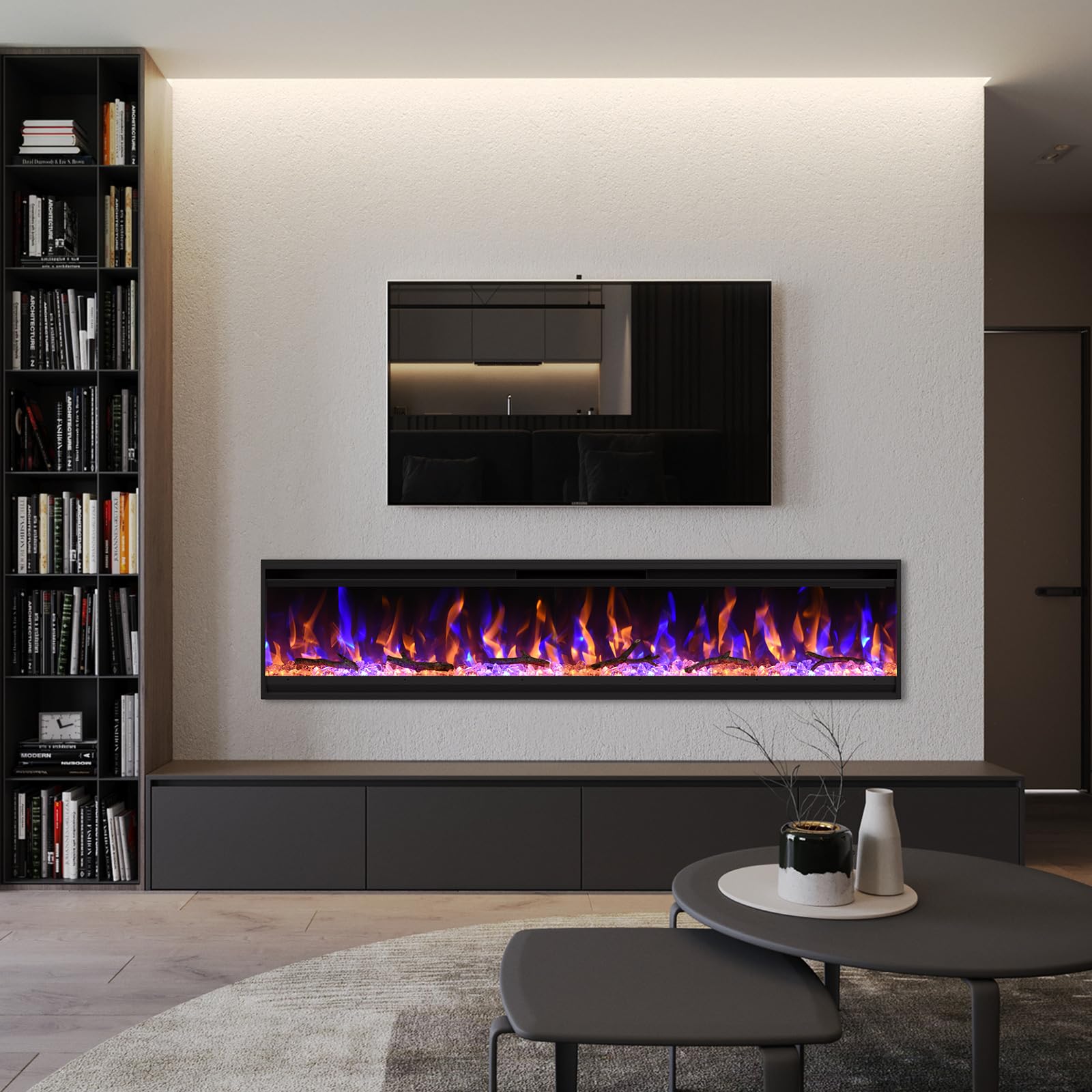 60 inch Electric Fireplace, 4.3" Ultra-Thin Electric Fireplace Inserts, Ultra-Narrow Frame, Wall Mounted and Recessed Fireplace, Log & Crystal, Touch Screen & Remote Control, 4 Color Flame 1500W