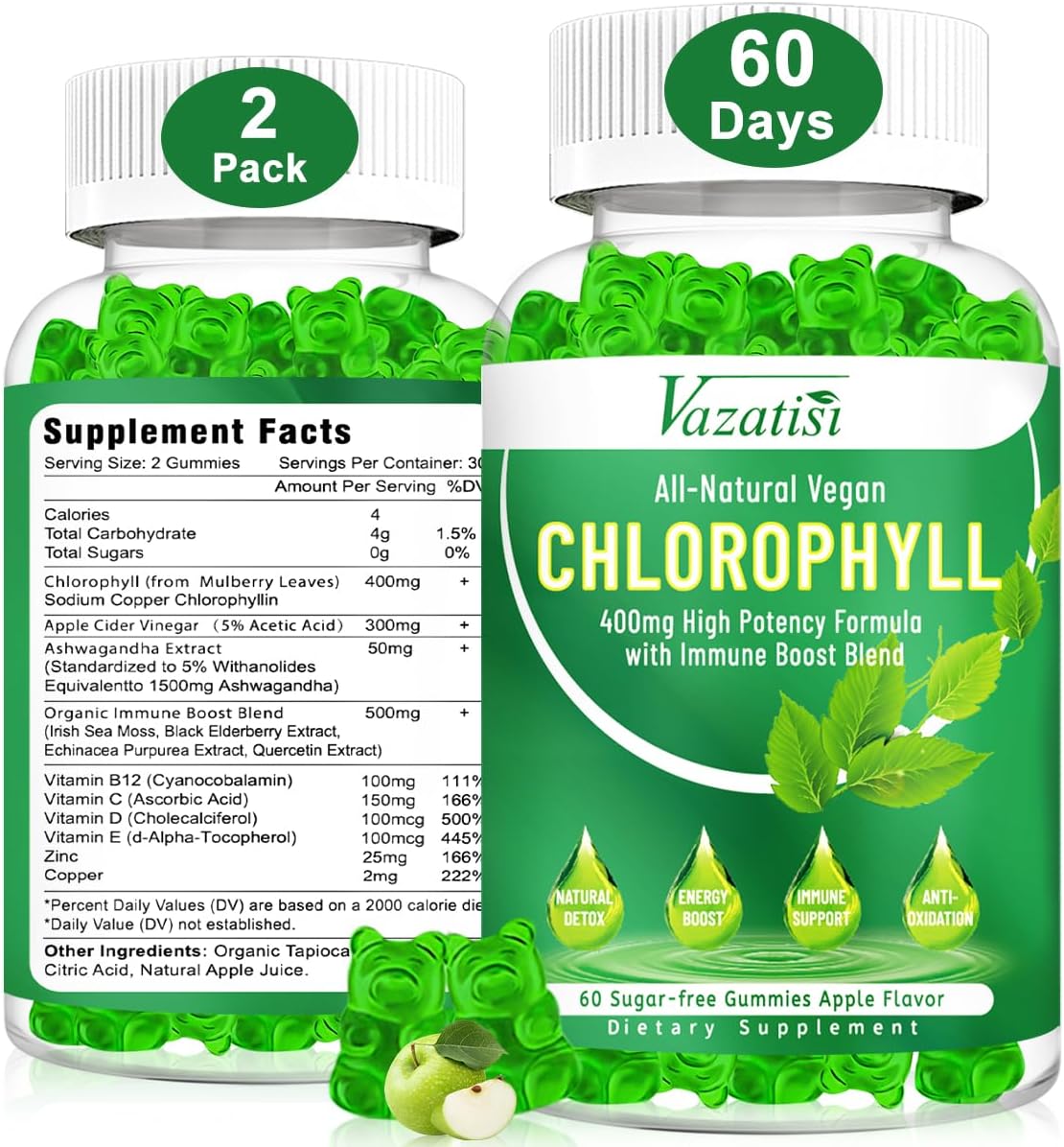 2 Pack Sugar Free Chlorophyll Gummies for Women Men, Adult