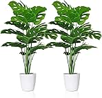 SAJANDAS Set of 2 Artificial Monstera Deliciosa Plants in Pots, Fake Tropical Palm Tree with Greenery Leaves Stems, 28 Inch Artificial Cheese Plant for Home Bathroom, Office, Windowsill Decor