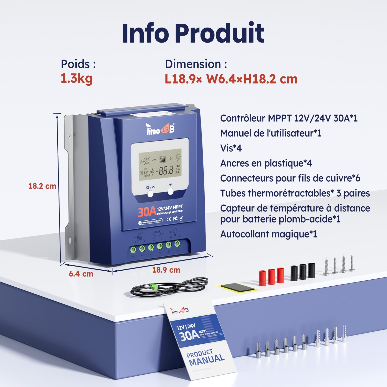 Timeusb 12V/24V 30A MPPT Régulateur de Charge Solaire pour Batterie Lithium | Reconnaissance Automatique 12/24V & Efficacité de Suivi à 99%,Contrôleur avec Écran LCD pour Plomb-Acide