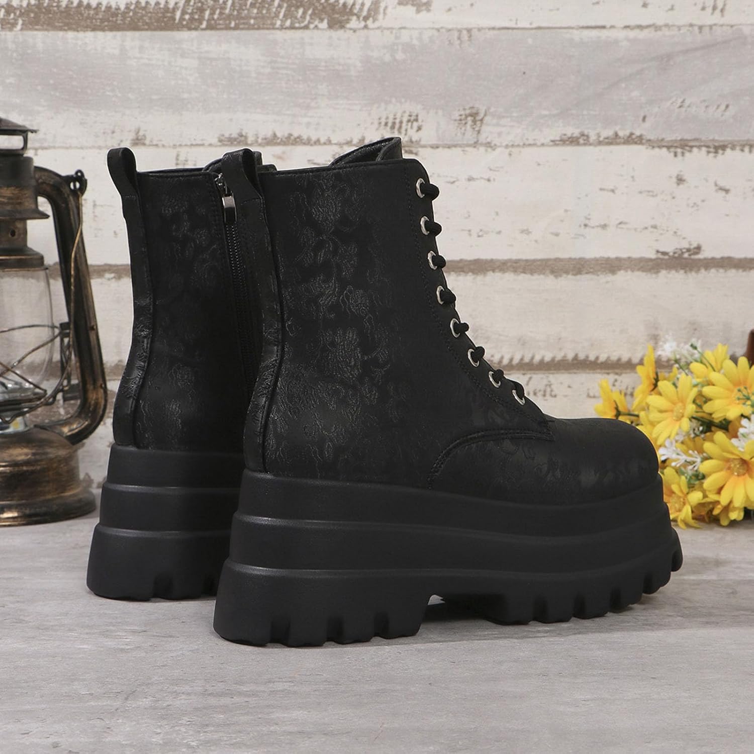 Women's Lace-Up Ankle Boots with Patterned Design, Round Toe, Platform Sole, and Side Zipper