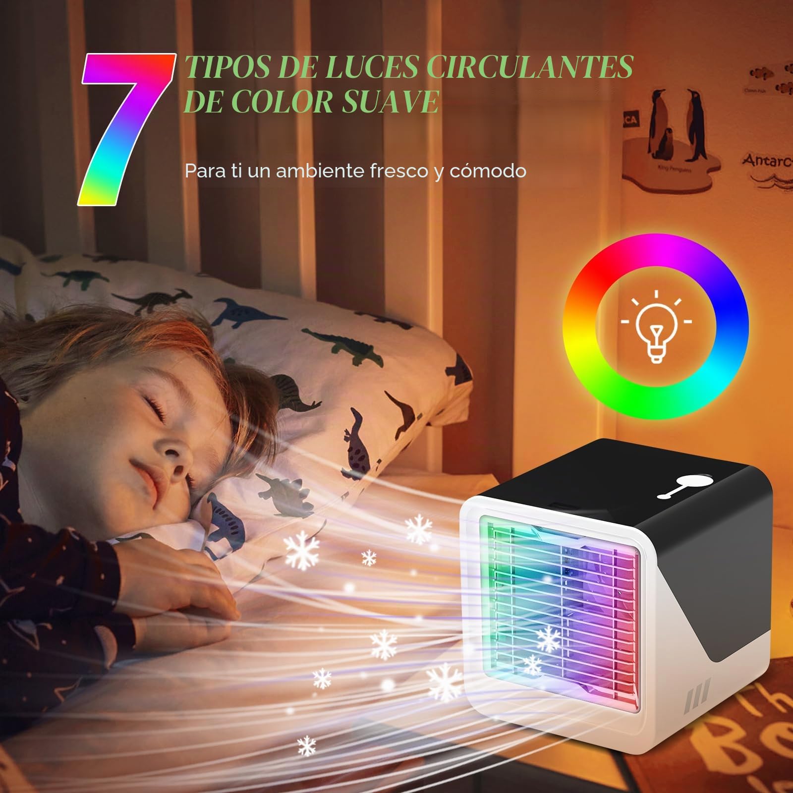 Ventilador Portátil, Aire Acondicionado Portátil Sin Tubo Exterior 500 ml, 3 Velocidades de Ventilación Silenciosa y de bajo Consumo, Pequeño Ventilador Personal ideal para Dormitorios y Oficinas