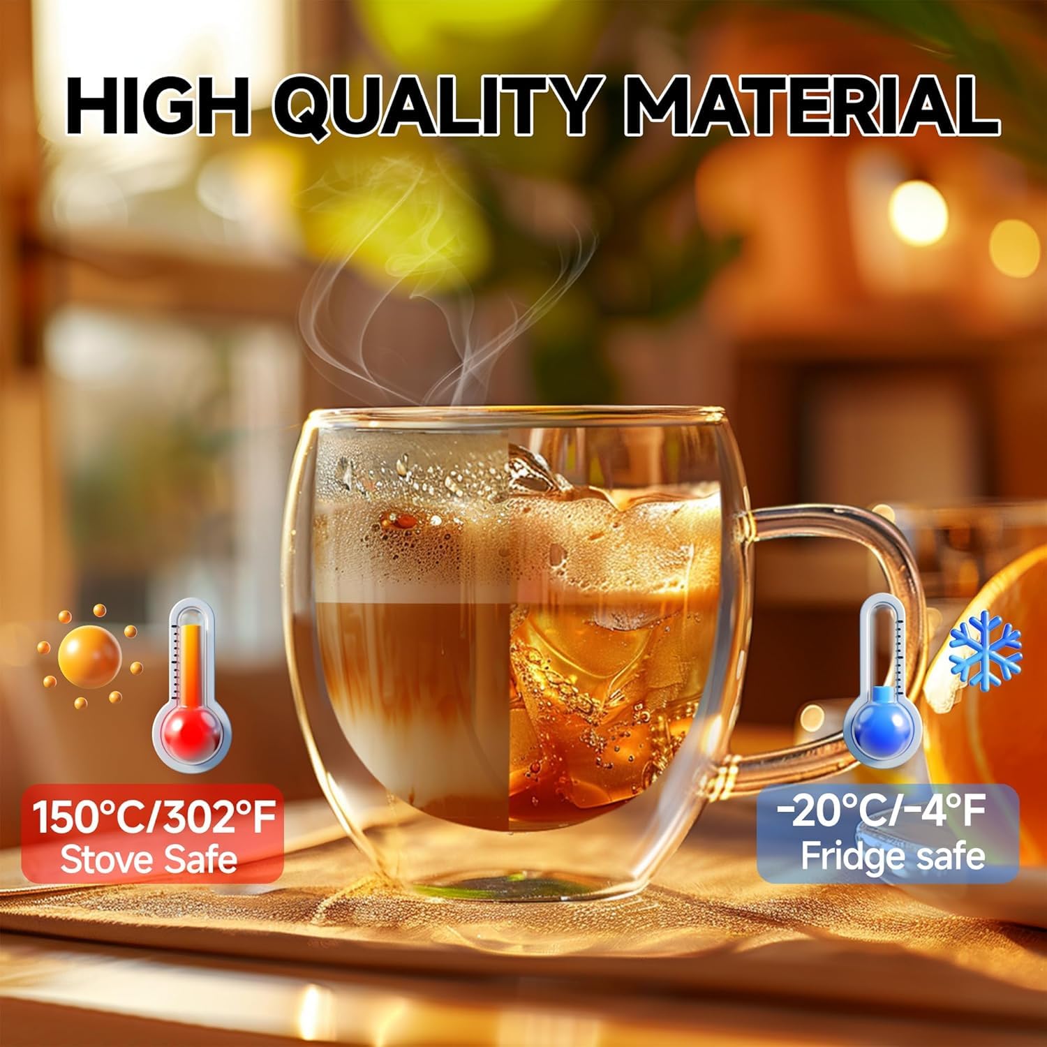 renovon Çift Katmanlı Cam Kupa Bardak 250 ml Lüx Çift Cidarlı kupa - Termos Bardak - İki Duvarlı Yapısı ile Uzun Süre Sıcak-Soğuk Tutma özelliği, Kulplu Kahve Espresso Bardağı Brosilikat double layer Cup