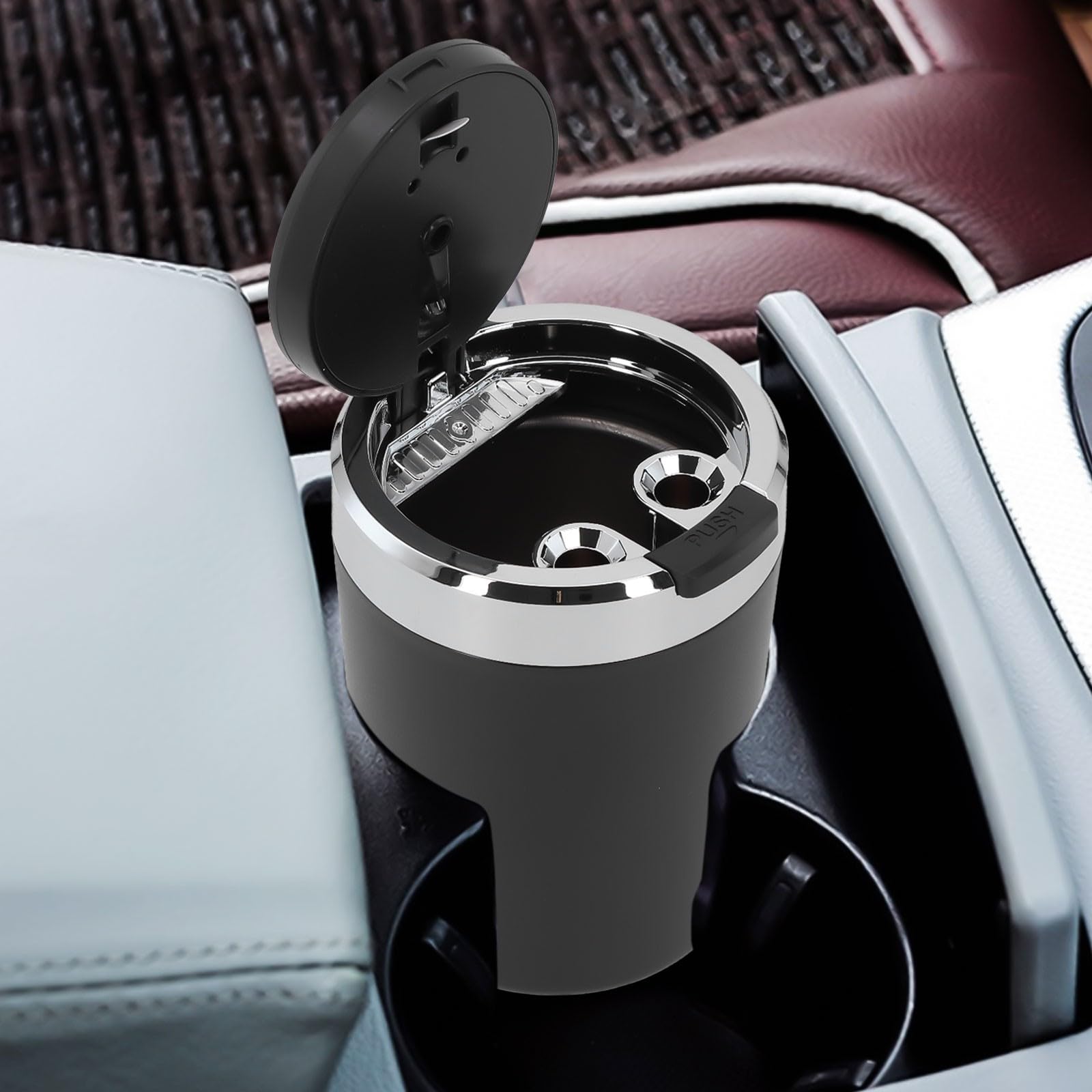 RichVibe LED Car Ash Tray with Lid, Smokeless Aluminum Alloy Cup Vehicle Cup Holders, Blue Light Illuminates on Opening, Detachable Liner, Black — view 6