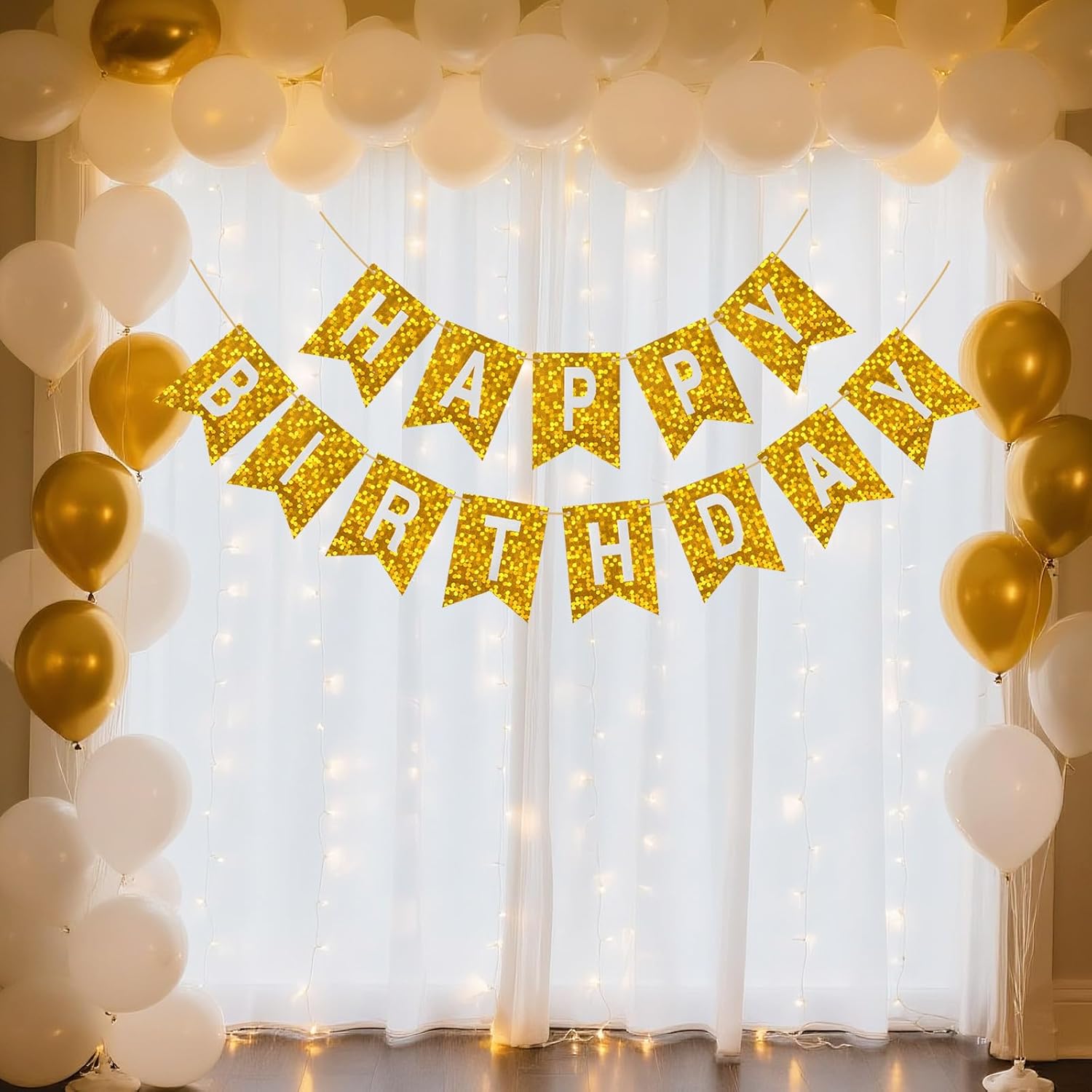 Glitter Happy Birthday Banner Sign Wall Door Banners for Women Men Boys Girls Birthday Party Backdrop Garland Decorations, Letters Name Banners Flag Decors Shiny Gold