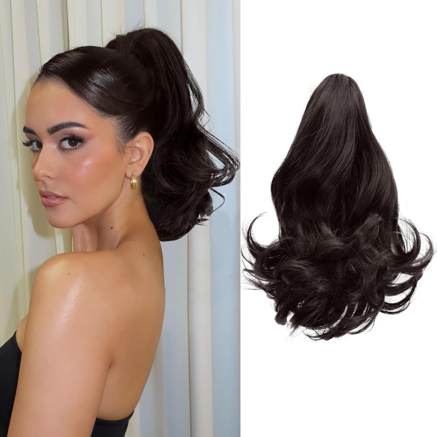 MOCA HAIR Ponytail Extension,Brown Black 12 Inch Claw Clip Ponytail Extension, Soft Wacy Curly Clip on Ponytails for Women Heat Resistant Synthetic Hairpiece for Daily Use