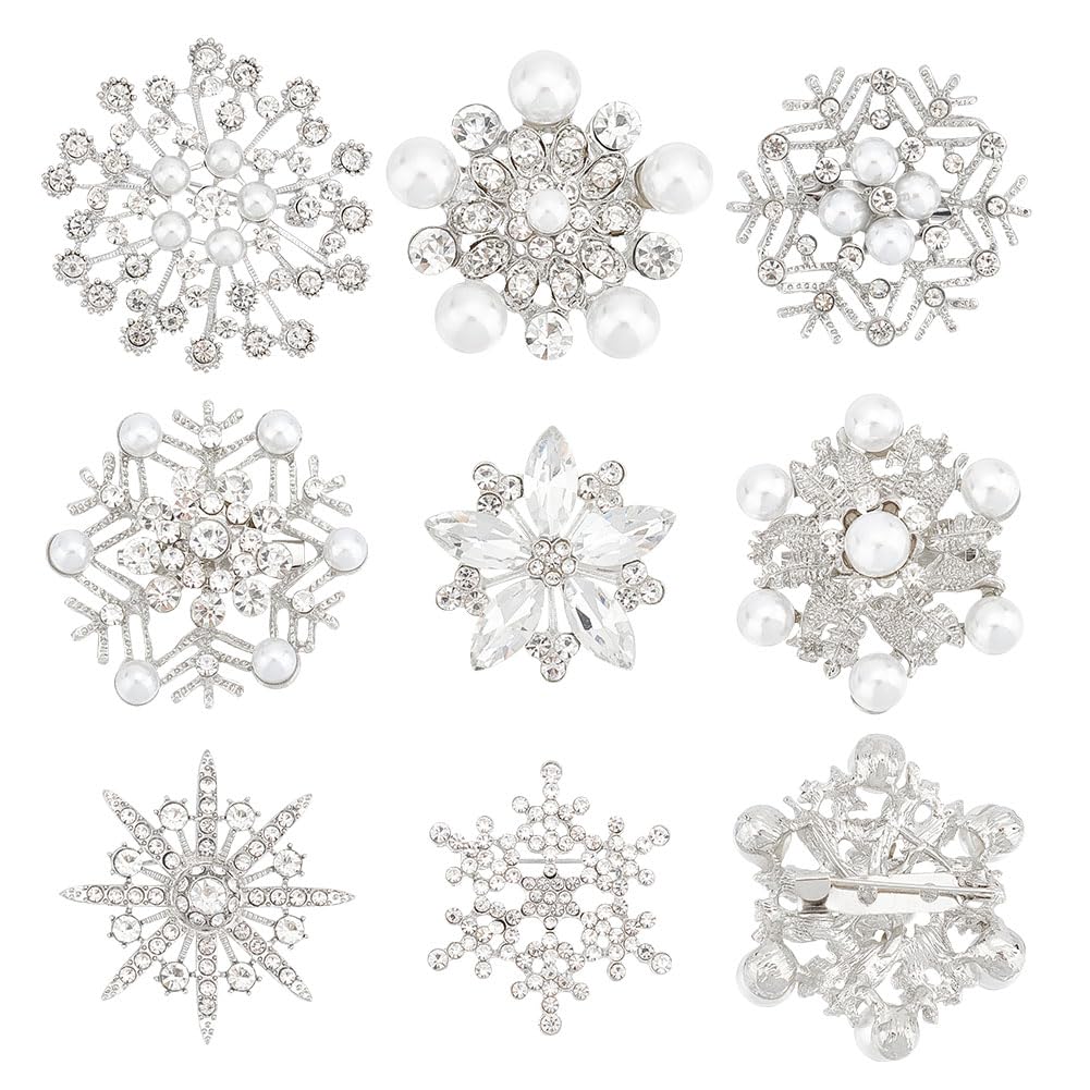 BENECREAT 8PCS Snowflake Crystal Lapel Pin Brooches, Christmas Silver Crystal Fashion Pearl Brooches Decorative Pins for Wedding Collar, Shirt, Cardigan, Dresses, Scarves, Jacket